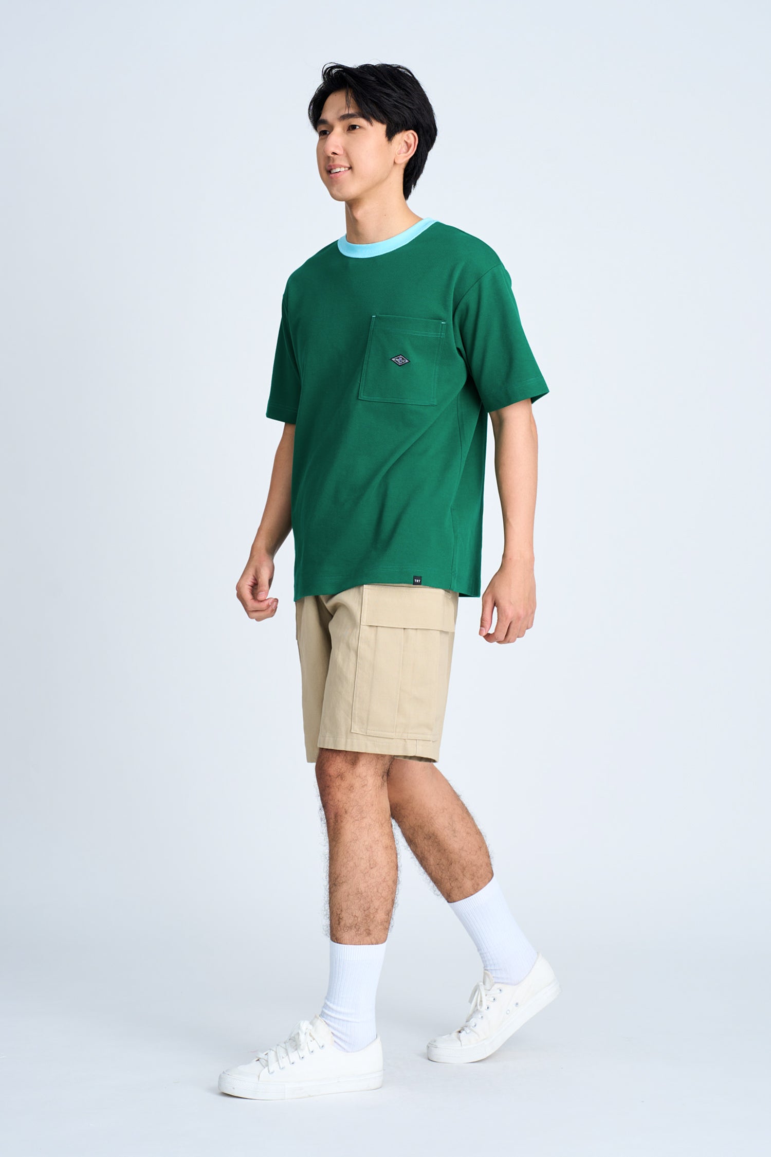 (B) Boxy Twill Jersey Contrast Collar Tee - Grass Green