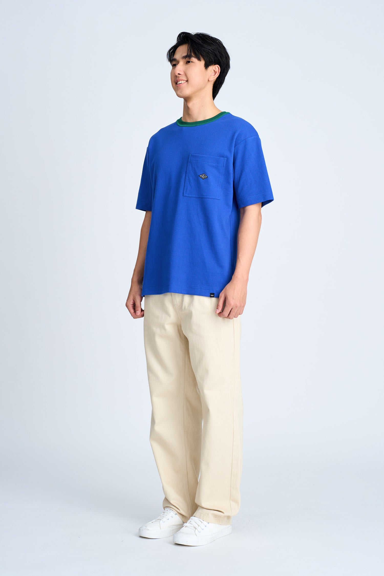 (B) Boxy Twill Jersey Contrast Collar Tee - Peacock Blue