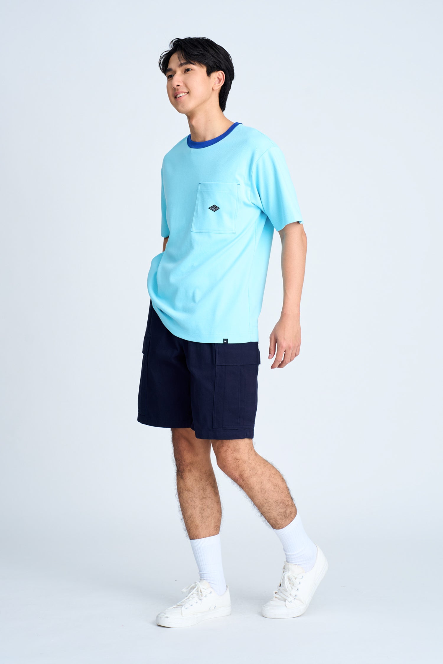 (B) Boxy Twill Jersey Contrast Collar Tee - Sky Blue