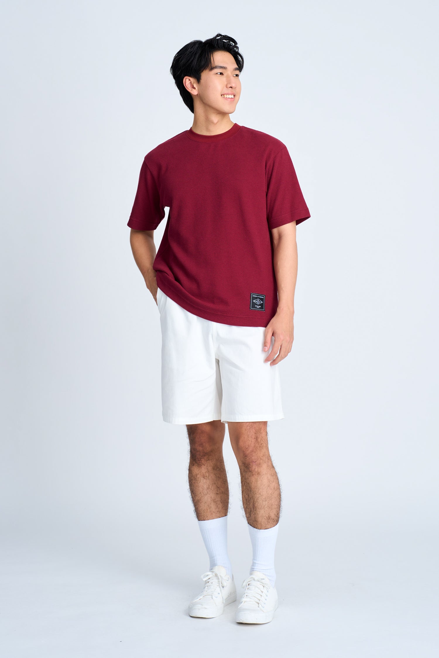 (B) Waffle Crew Neck Tee - Burgundy