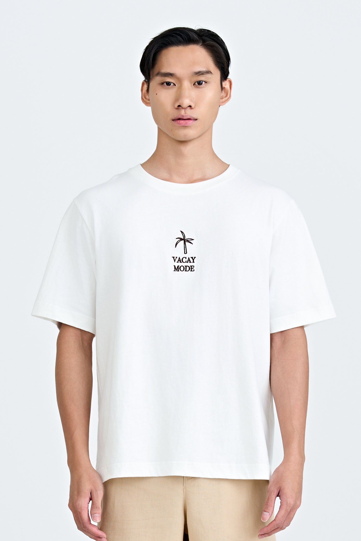 (A) Jersey "Vacay Mode" Embroidery Tee - Cream