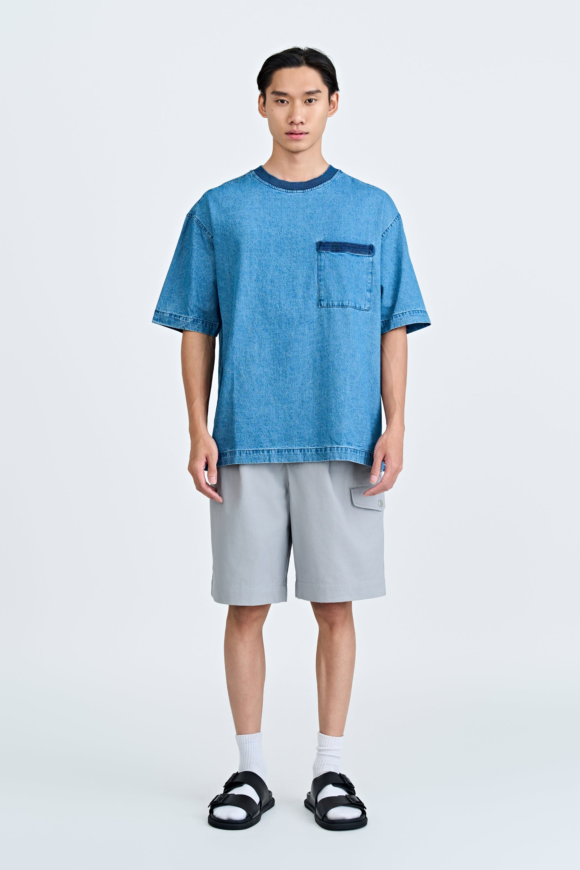 Ribbed Pocket Denim Tee - Mid Tone Denim