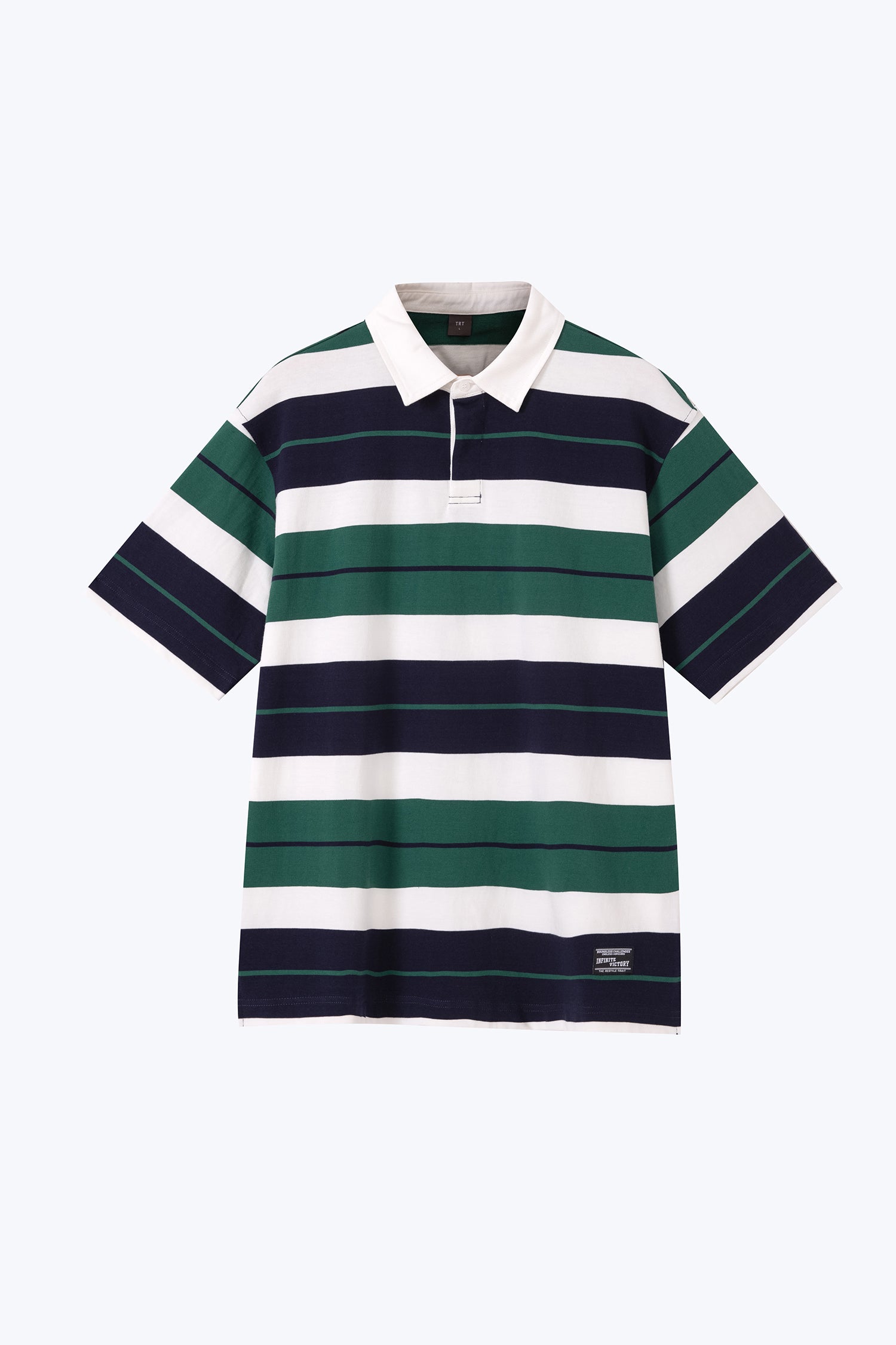 Contrast Striped Rugby Polo Tee - Navy/Green Stripes