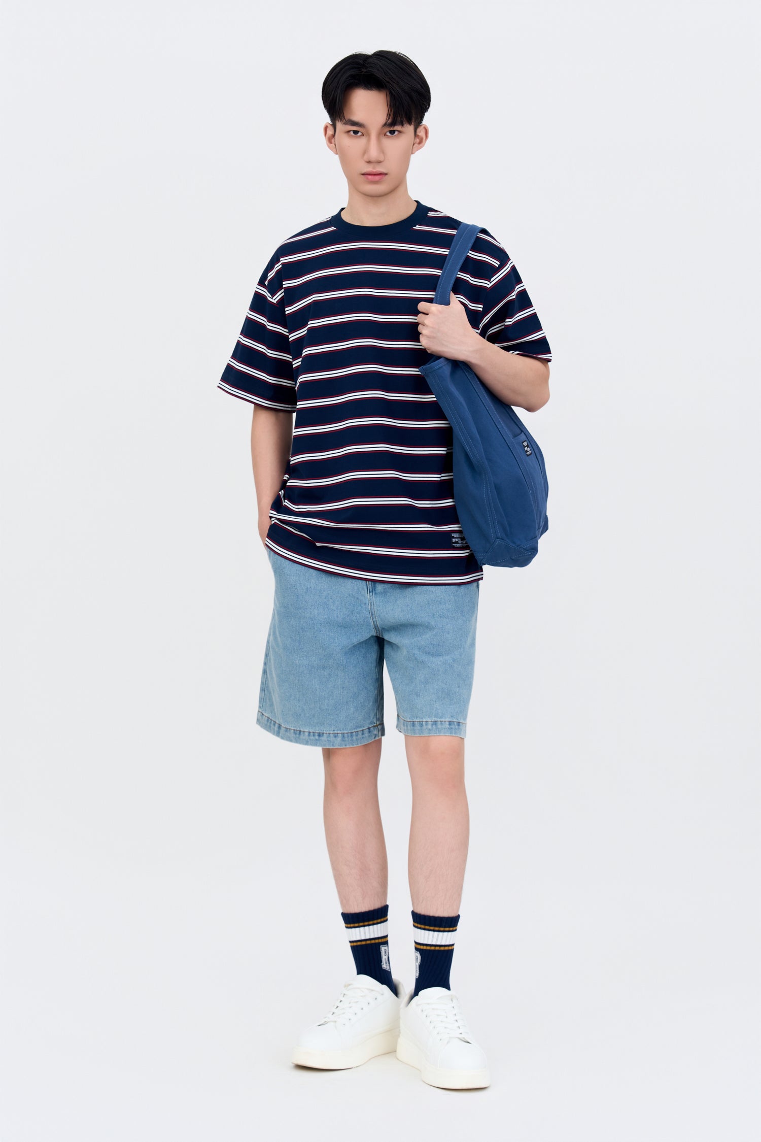 Oversized Collegiate Striped Tee - Navy Stripes