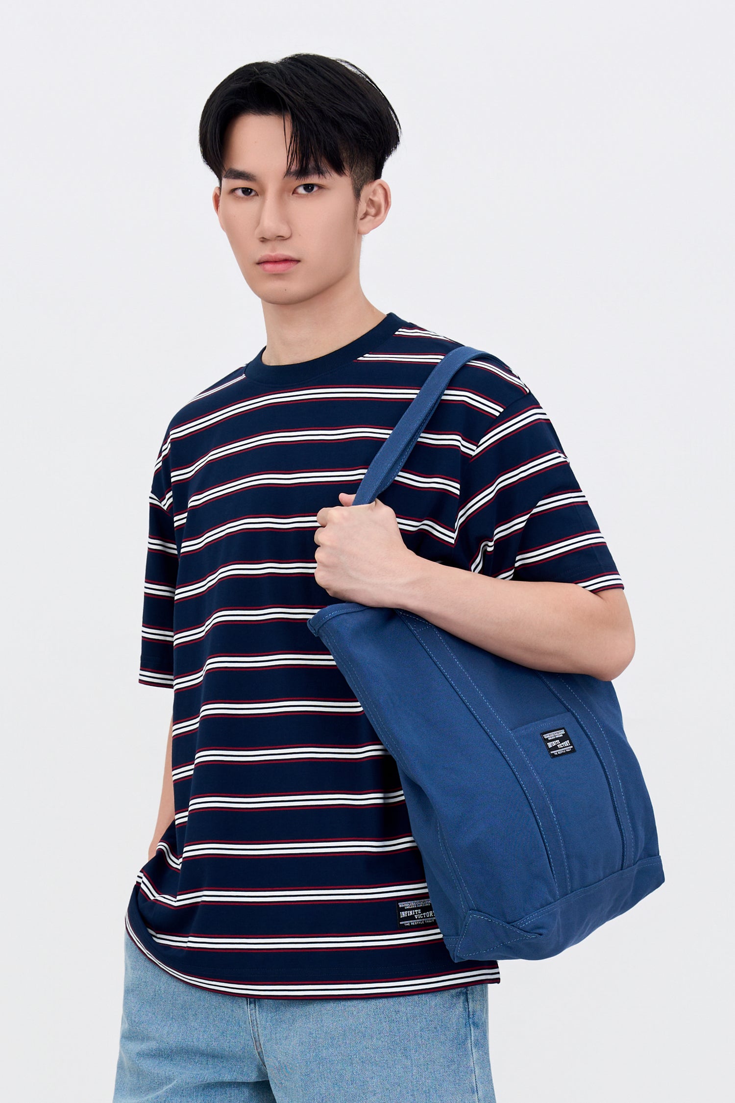 Oversized Collegiate Striped Tee - Navy Stripes
