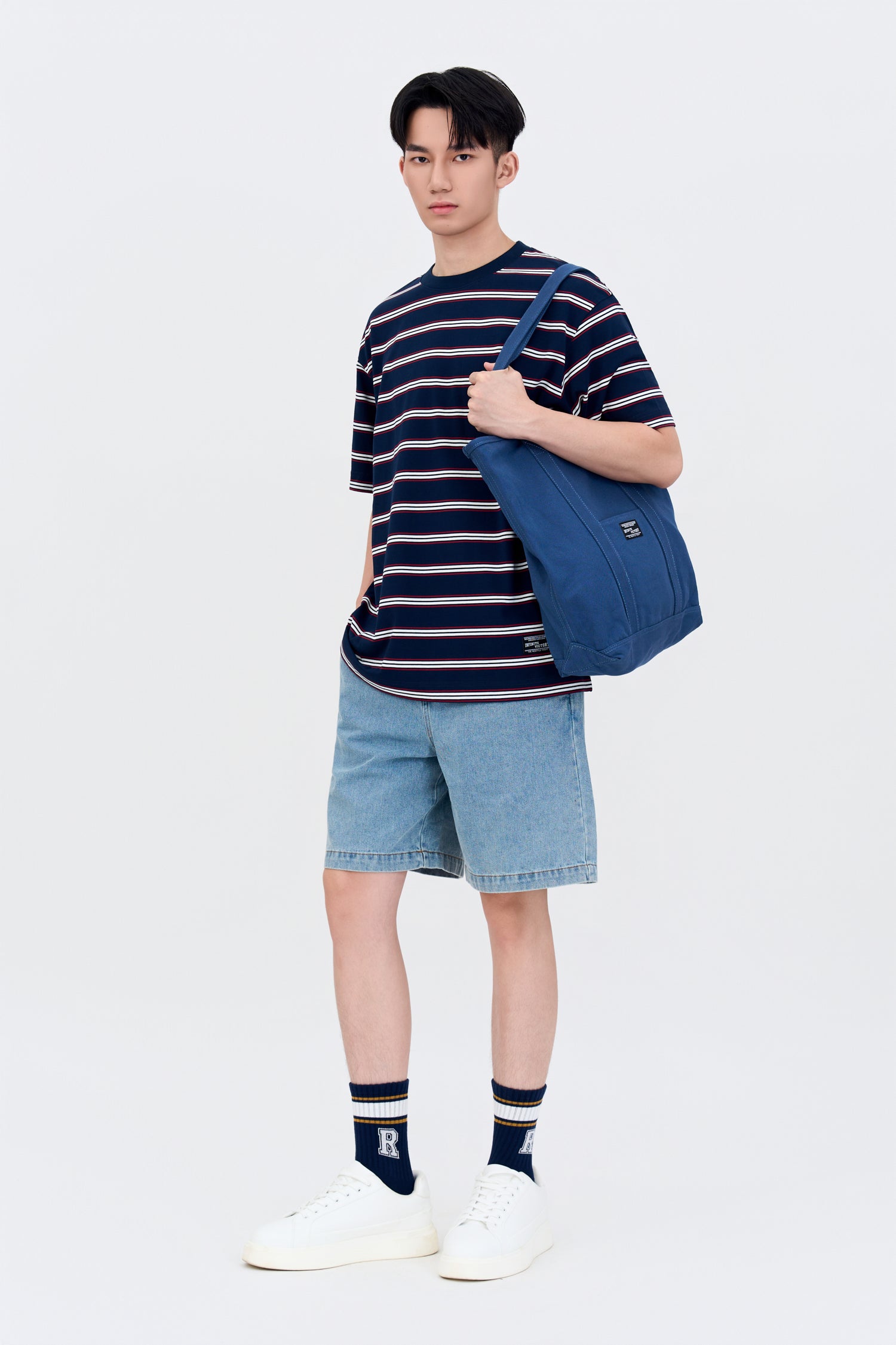 Oversized Collegiate Striped Tee - Navy Stripes