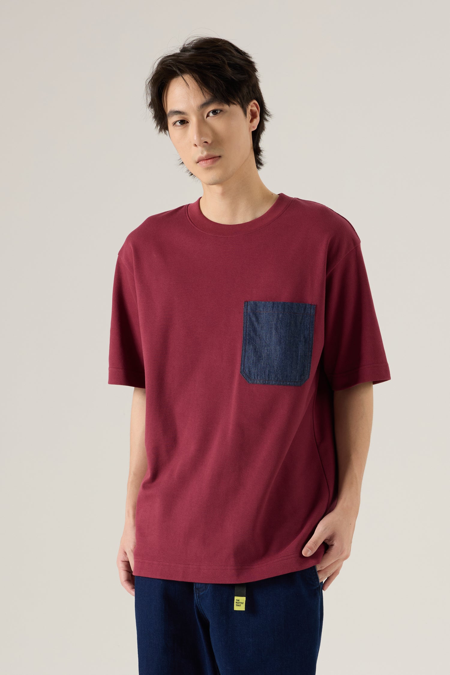(B) Twill Jersey Denim Pocket Tee - Burgundy – The Restyle Trait Malaysia