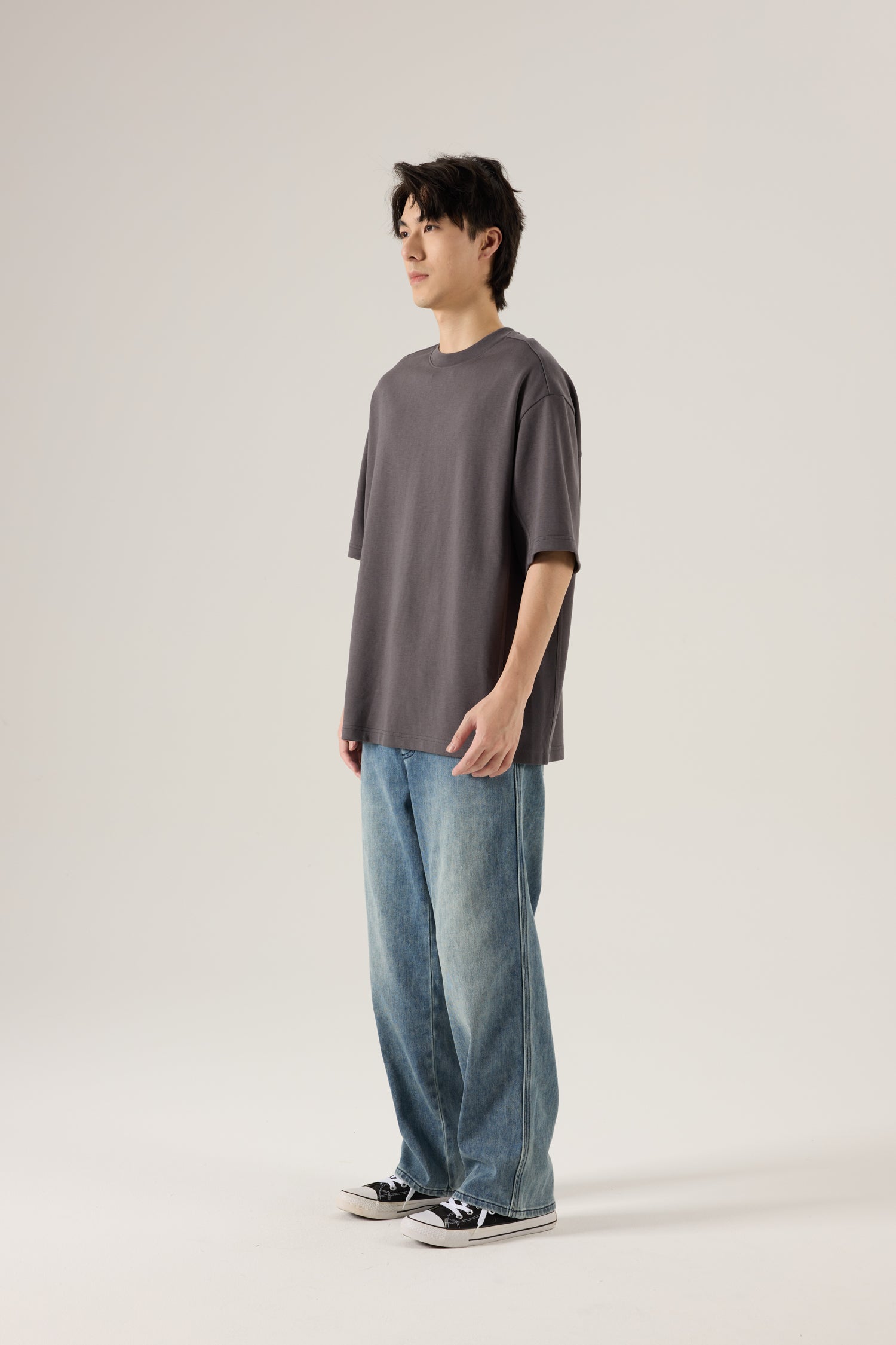 (C) Oversized Waffle Panel Tee - Charcoal