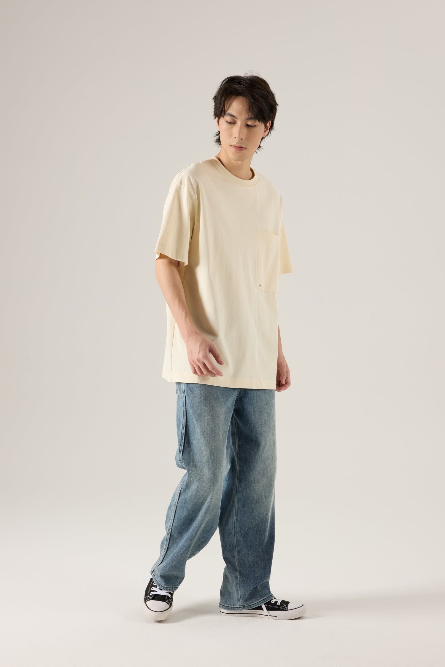(C) Oversized Panel Pocket Tee - Cream