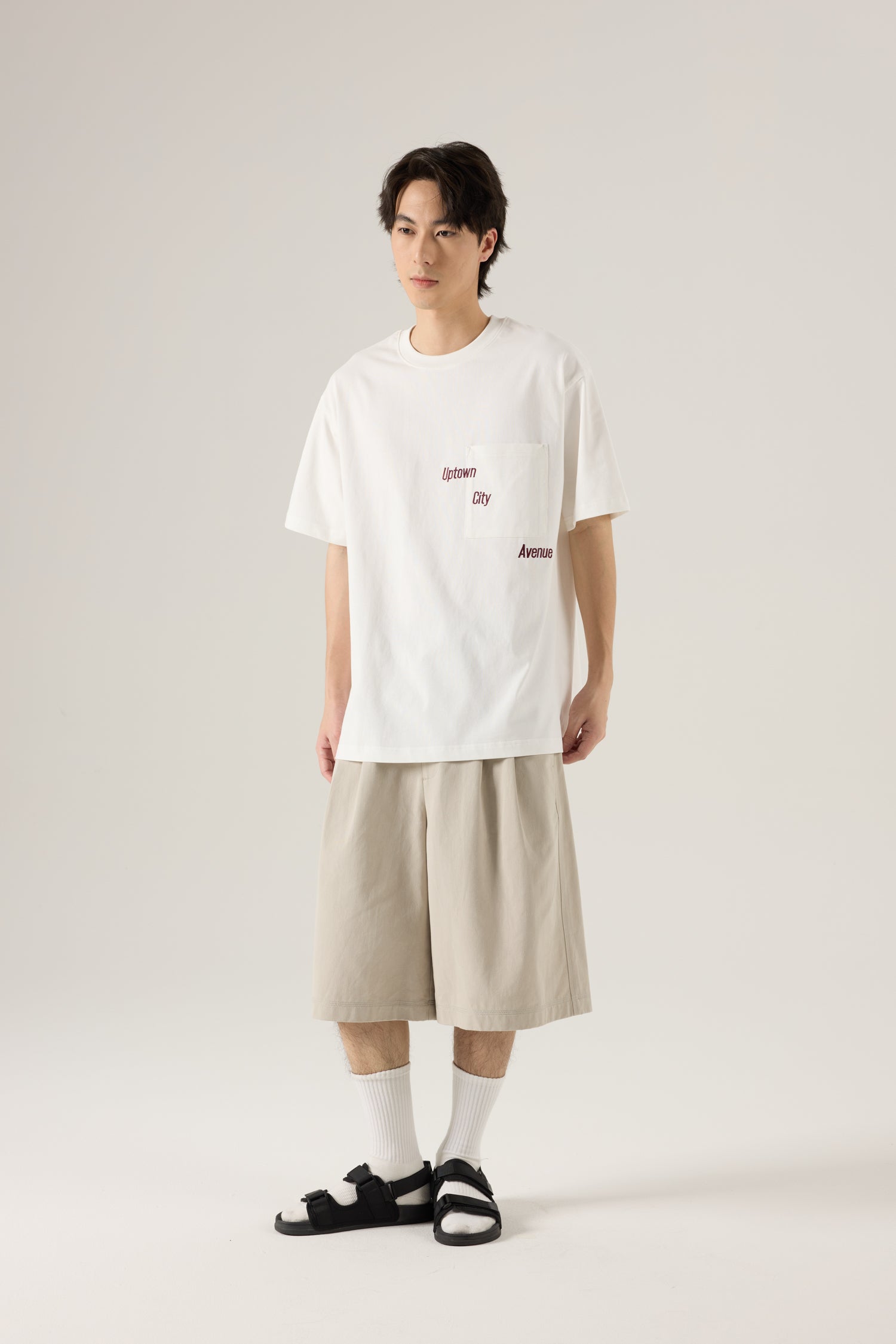 (C) Text Embroidery Pocket Tee - Cream