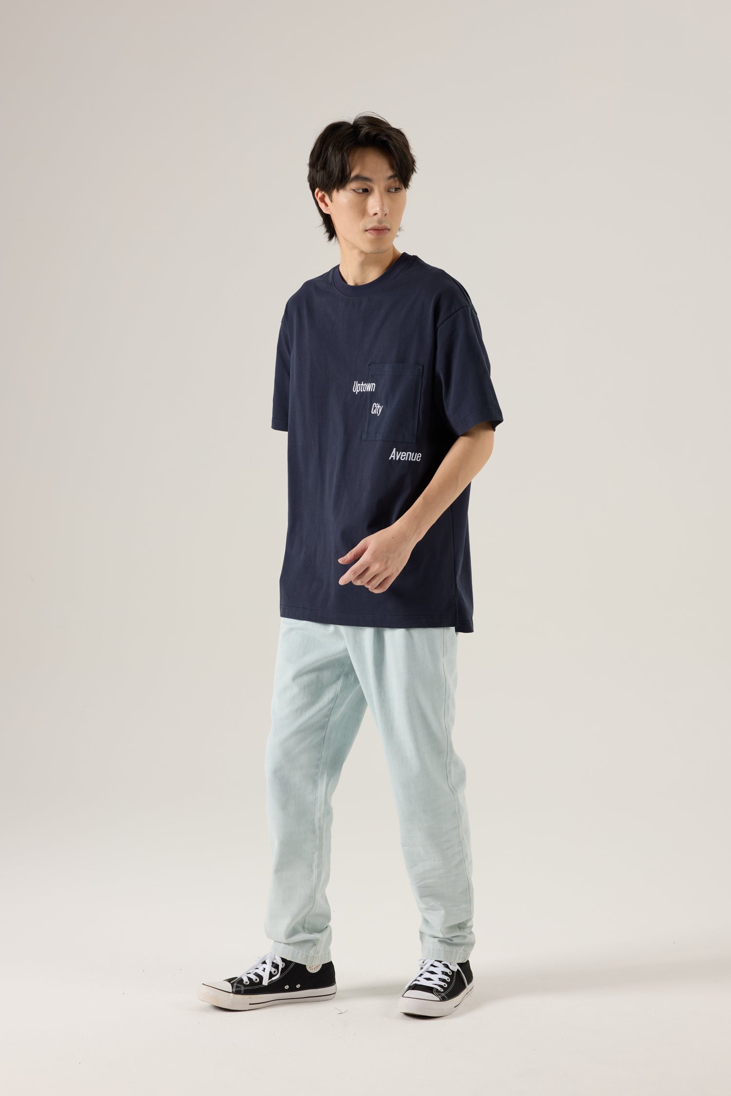 (C) Text Embroidery Pocket Tee - Navy