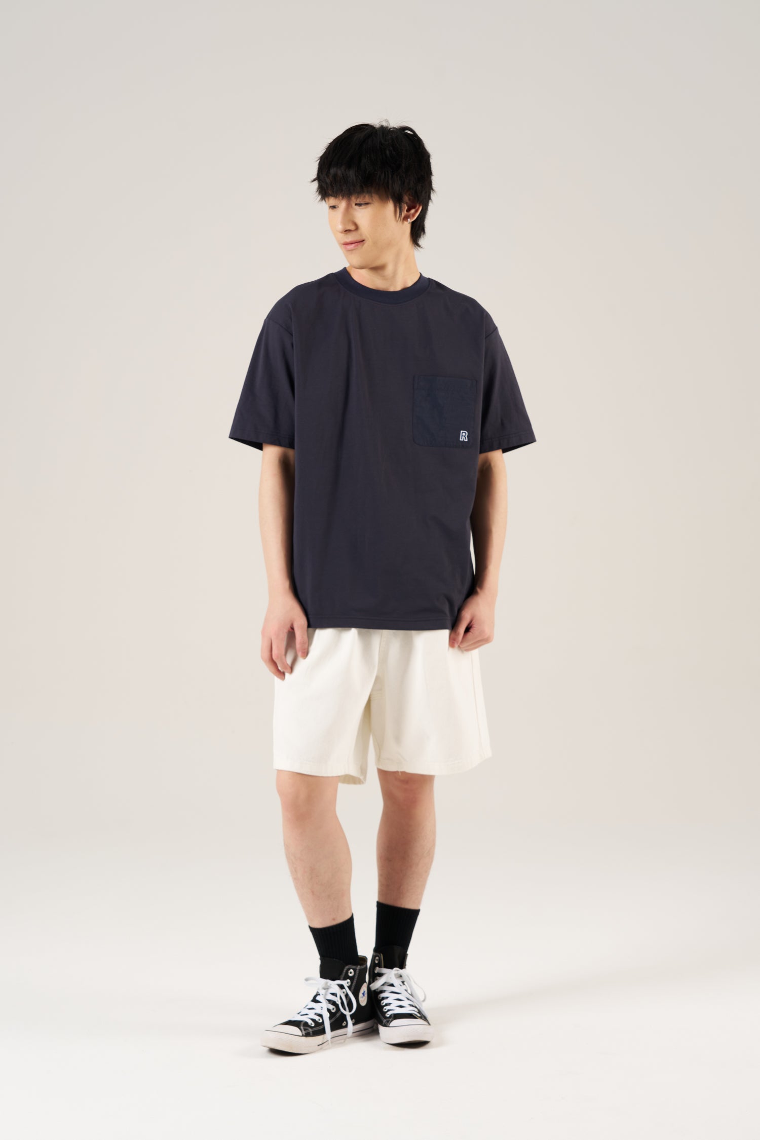 (B) Contrast Embroidery Pocket Tee - Navy