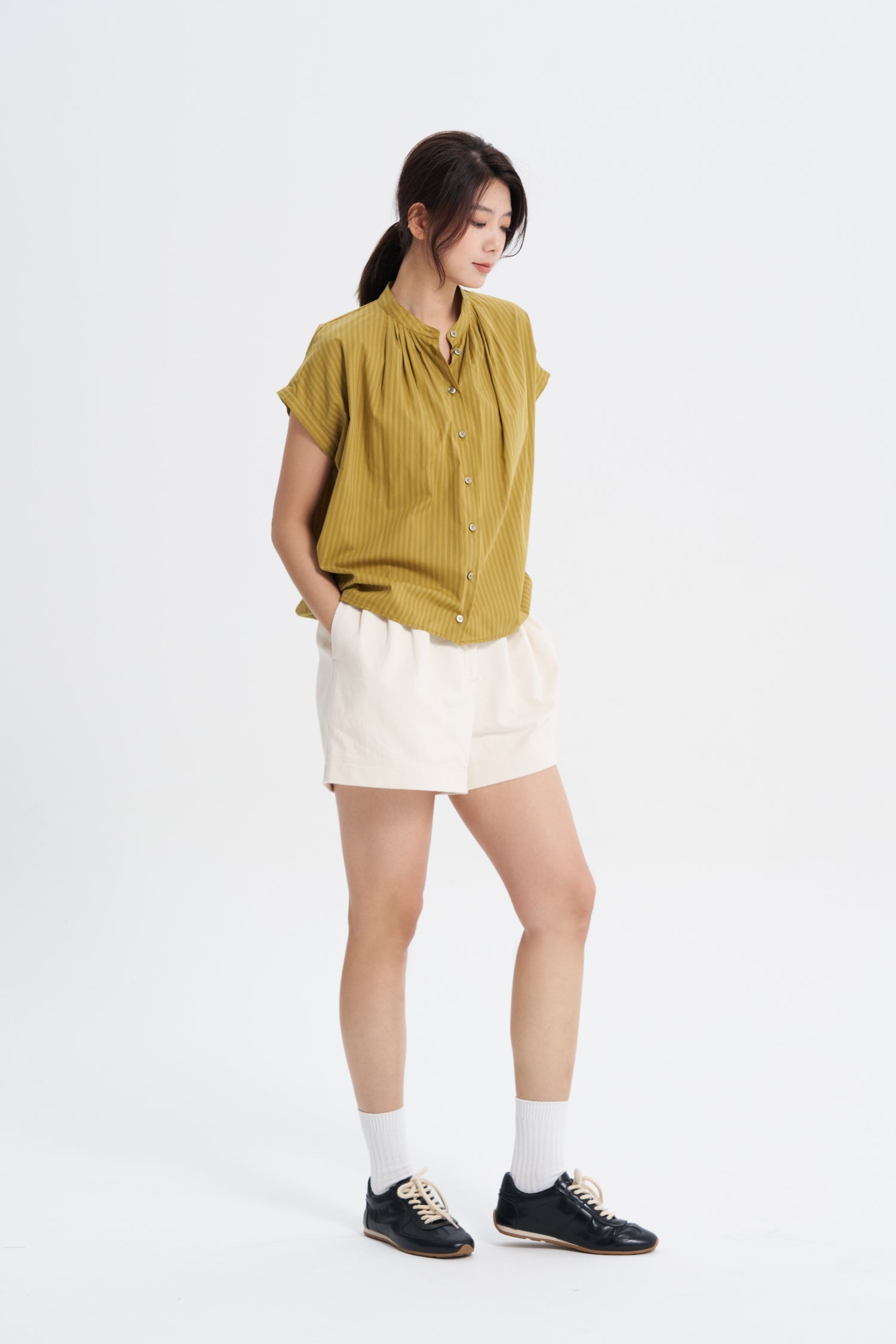 Striped Pleated Blouse - Stripes Mustard