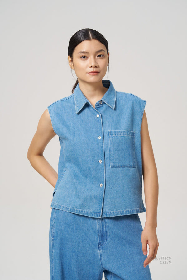 Denim Boxy Sleeveless Blouse - Denim