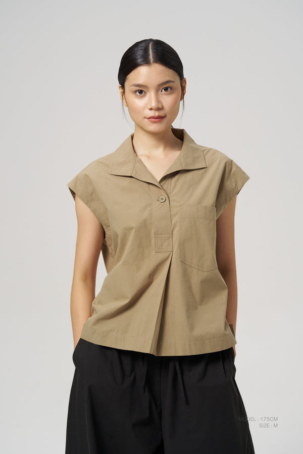 Foldover Collar Blouse - Khaki Brown