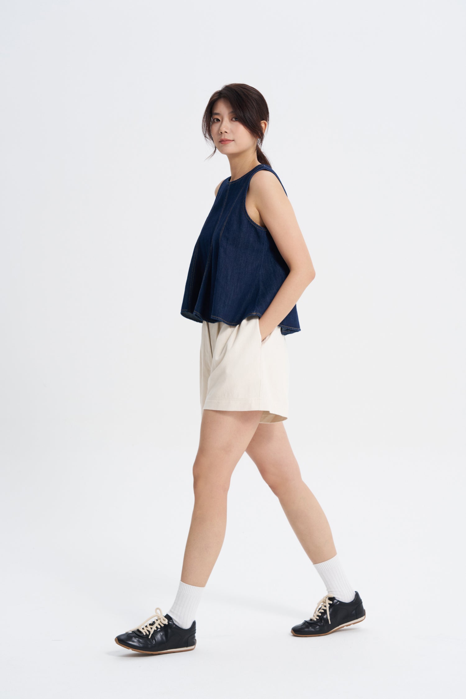 Denim Panelled Sleeveless Blouse - Dark Denim