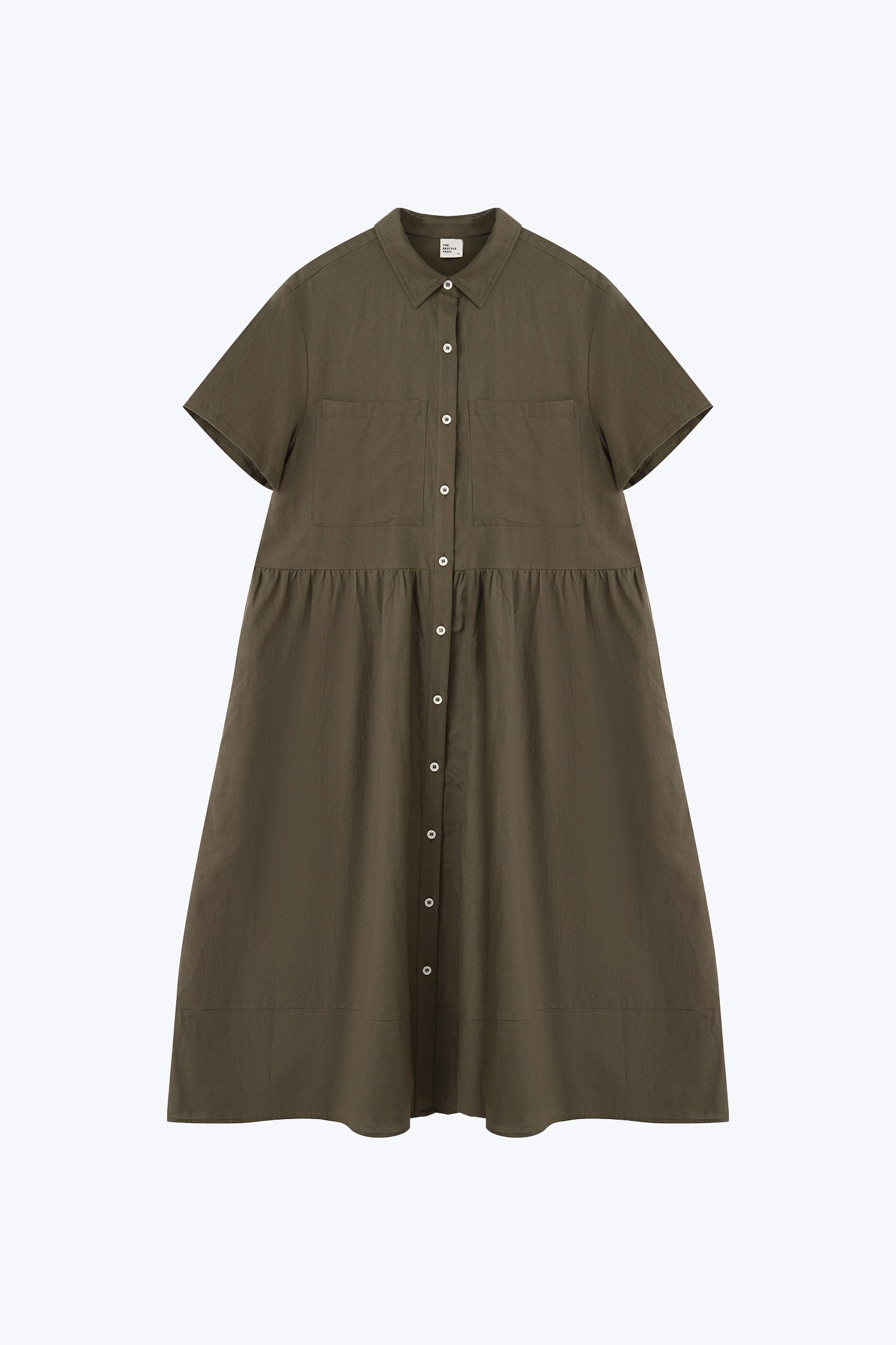 Gathered Short Sleeve Dress - Khaki Green