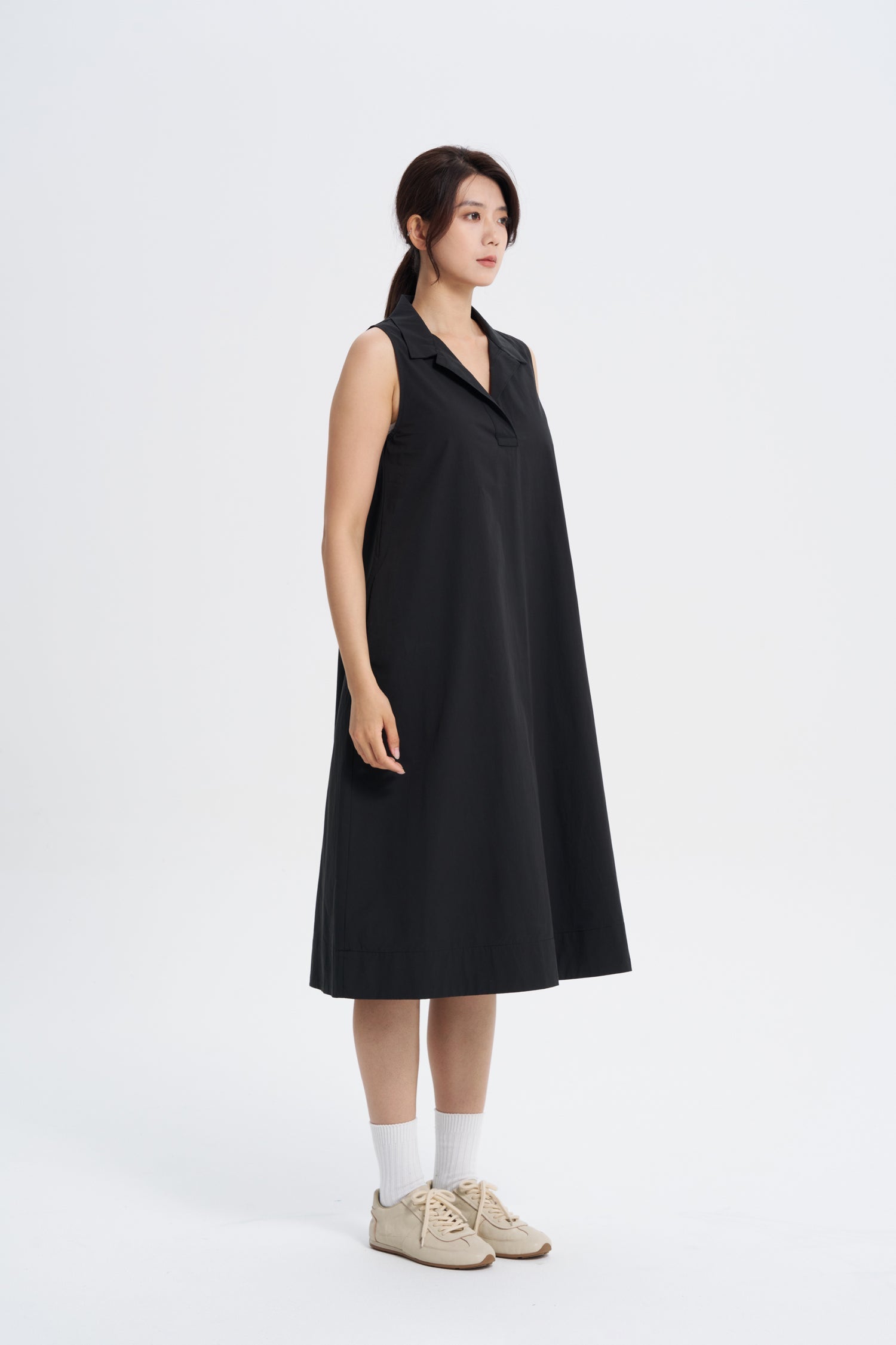 Notched Collar Tent Dress - Black