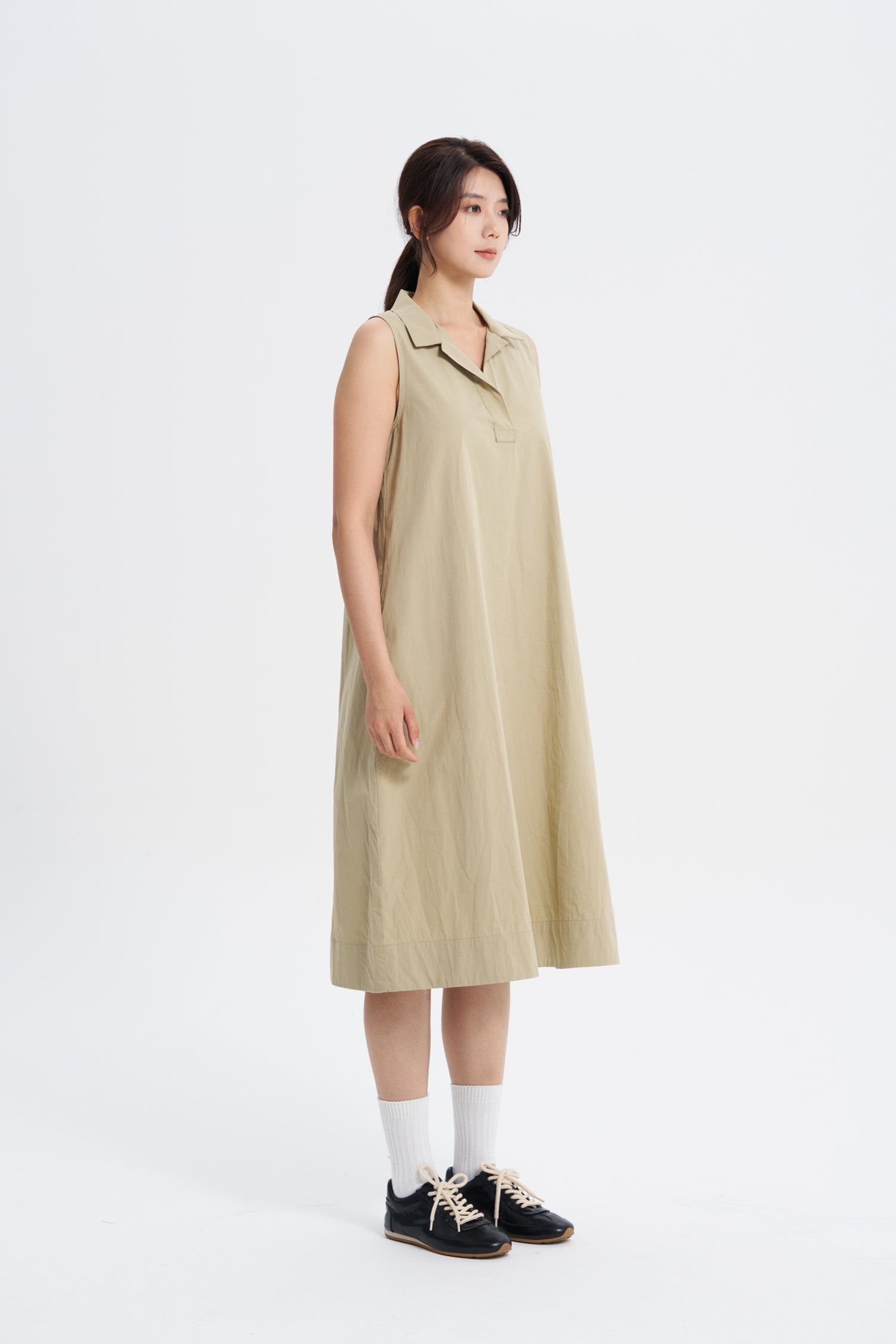 Notched Collar Tent Dress - Khaki