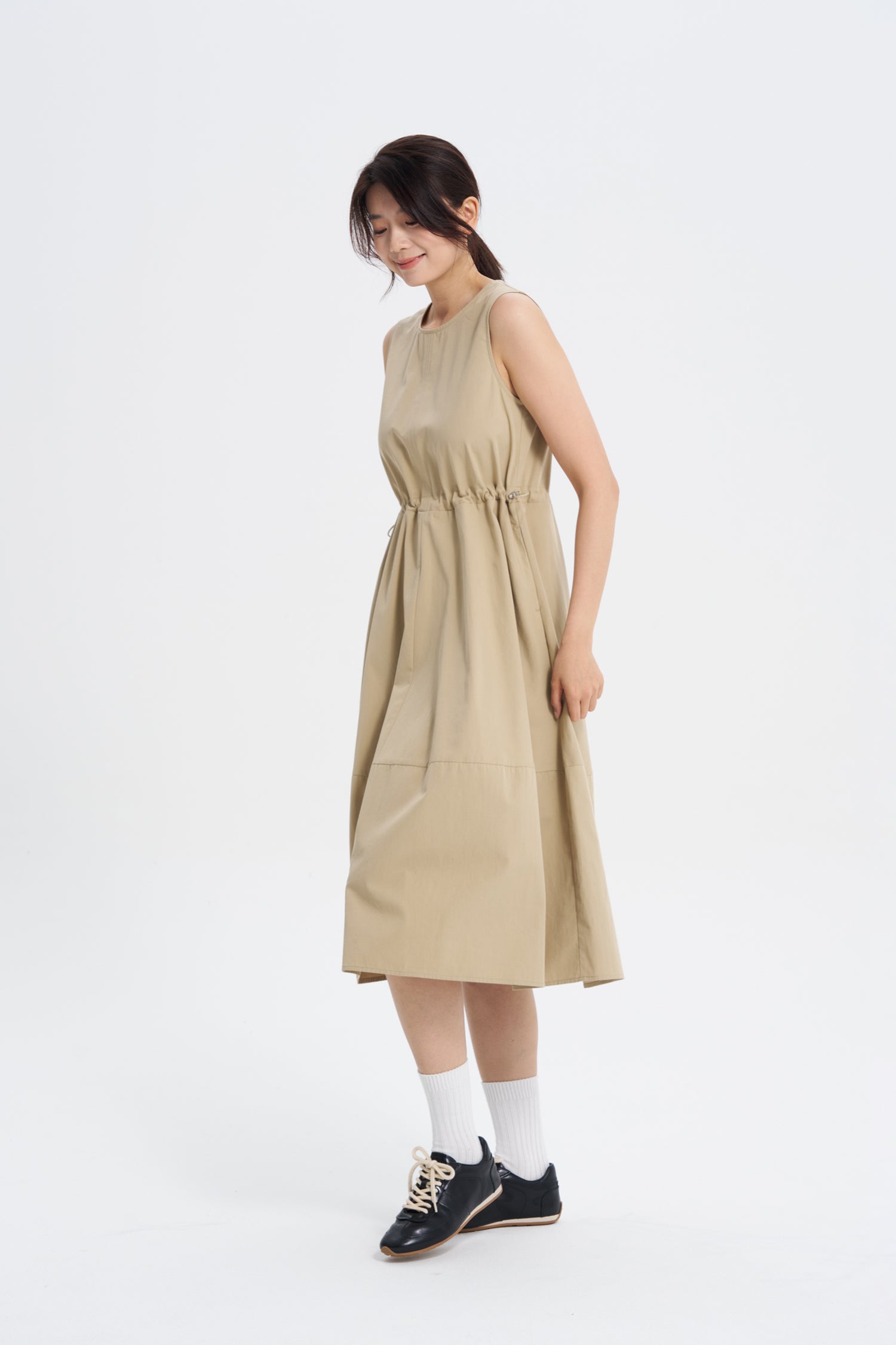 Drawcord Balloon Dress - Khaki