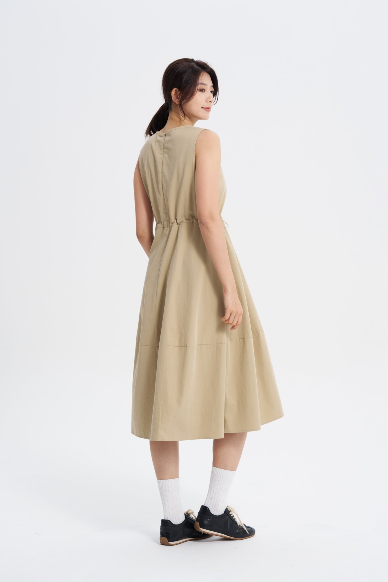 Drawcord Balloon Dress - Khaki