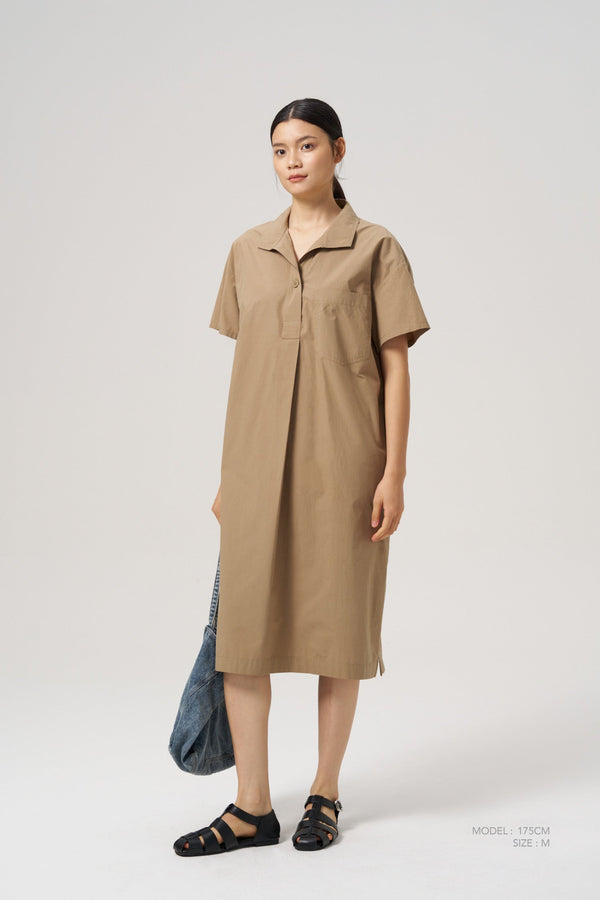 Foldover Collar Dress - Khaki Brown