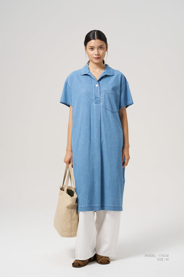 Denim Foldover Collar Dress - Denim