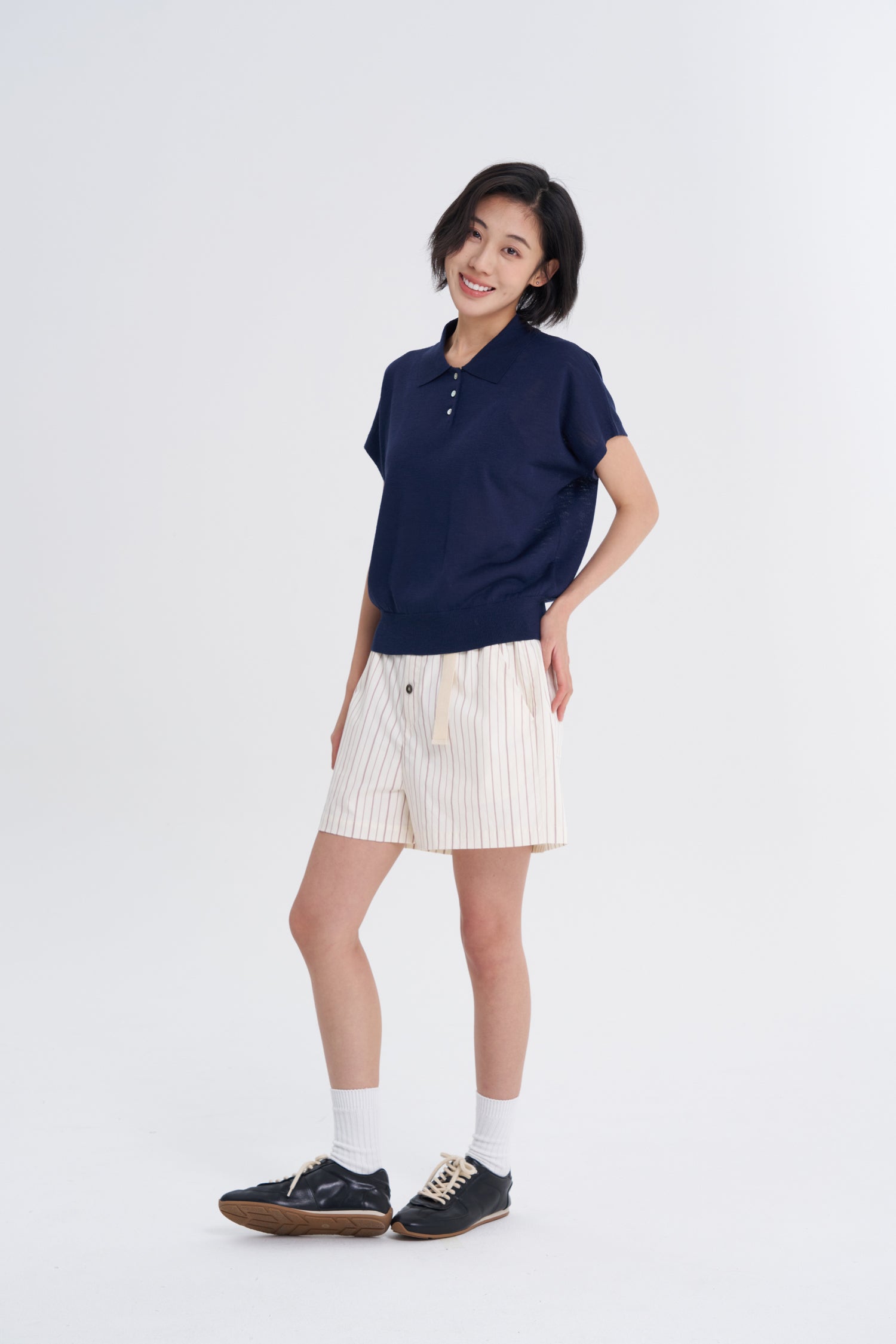 Knitted Polo Top - Navy