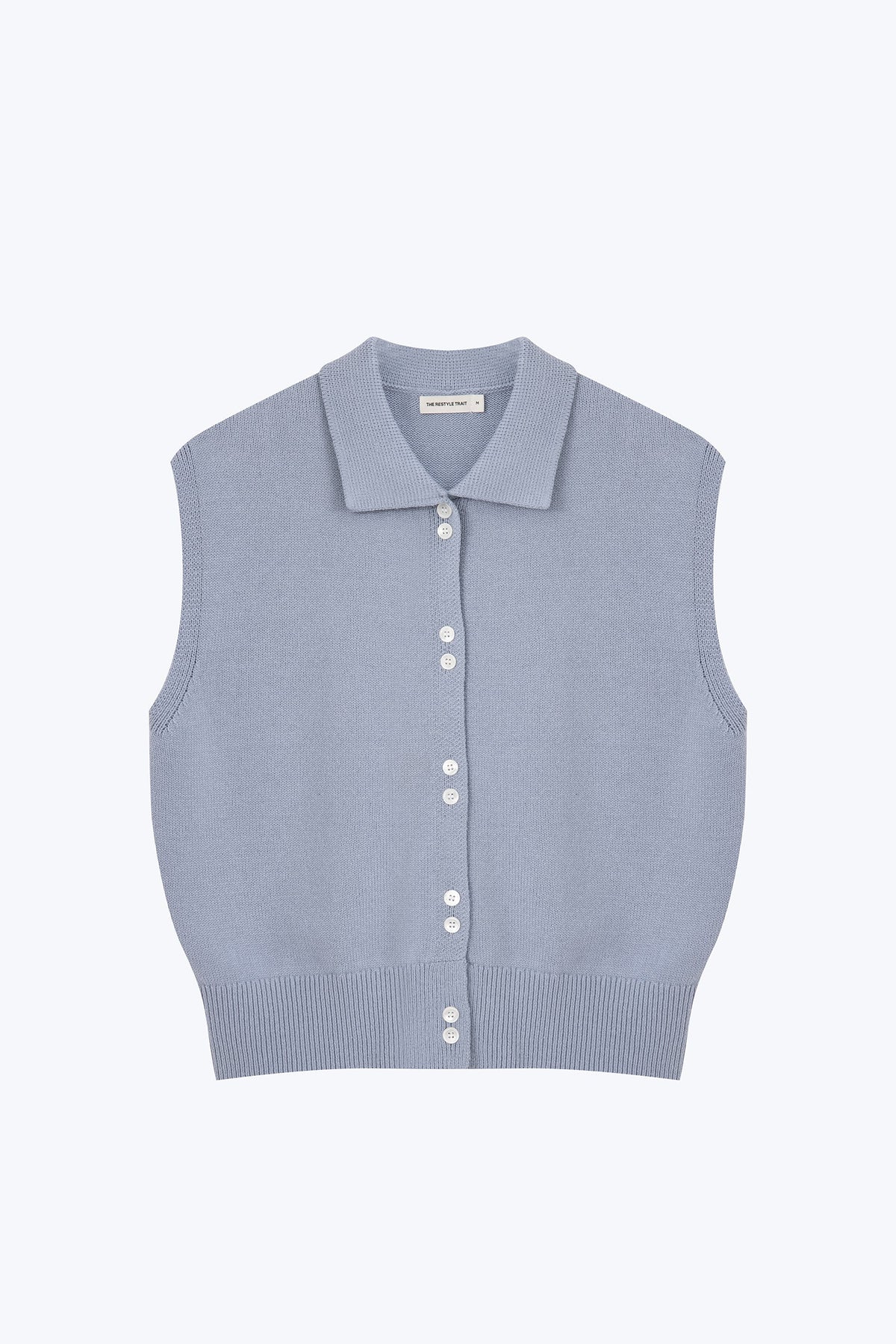 Knitted Button Front Top - Grey Blue