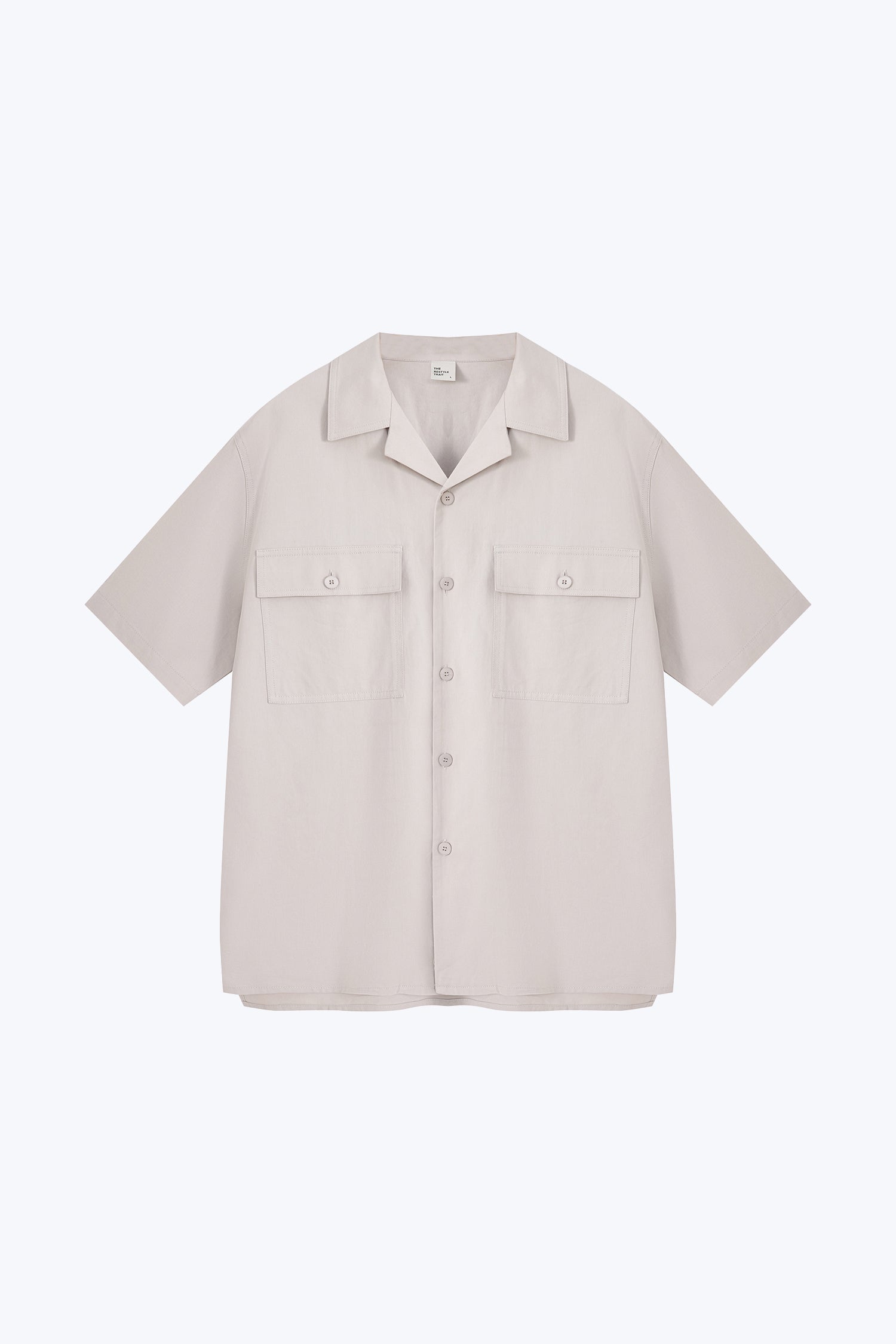 Relaxed-Fit Flapped Pocket Cuban Collar Top - Light Grey