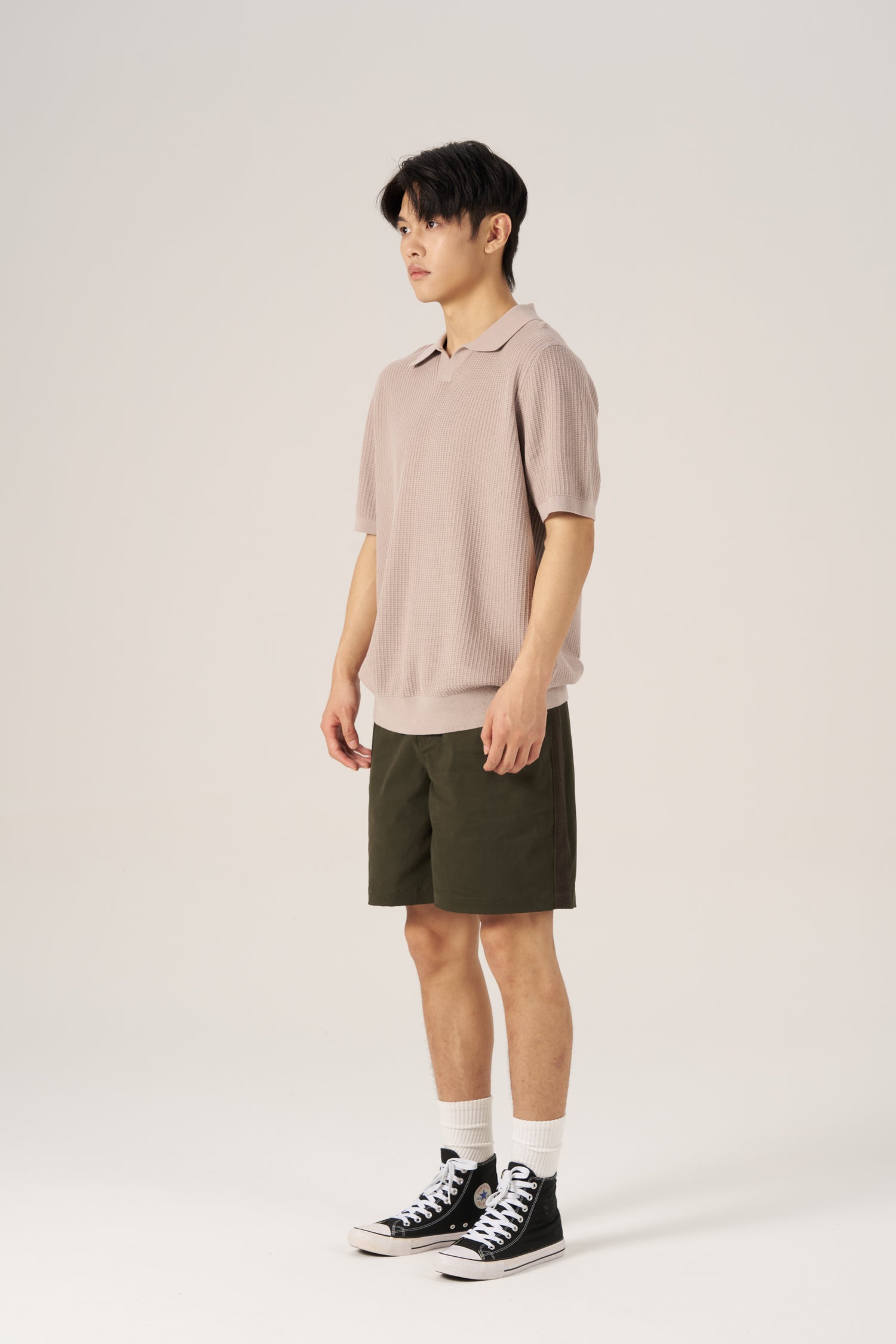 Knitted Waffle Open Collar Tee - Khaki Grey