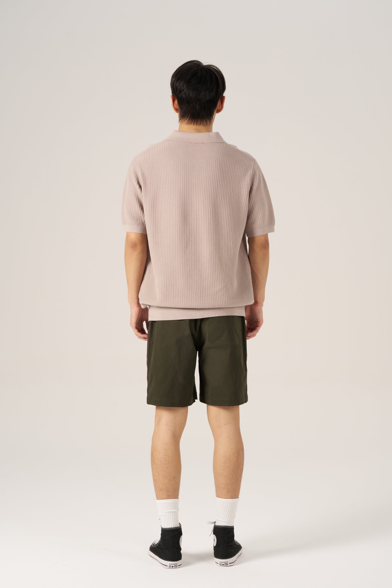 Knitted Waffle Open Collar Tee - Khaki Grey