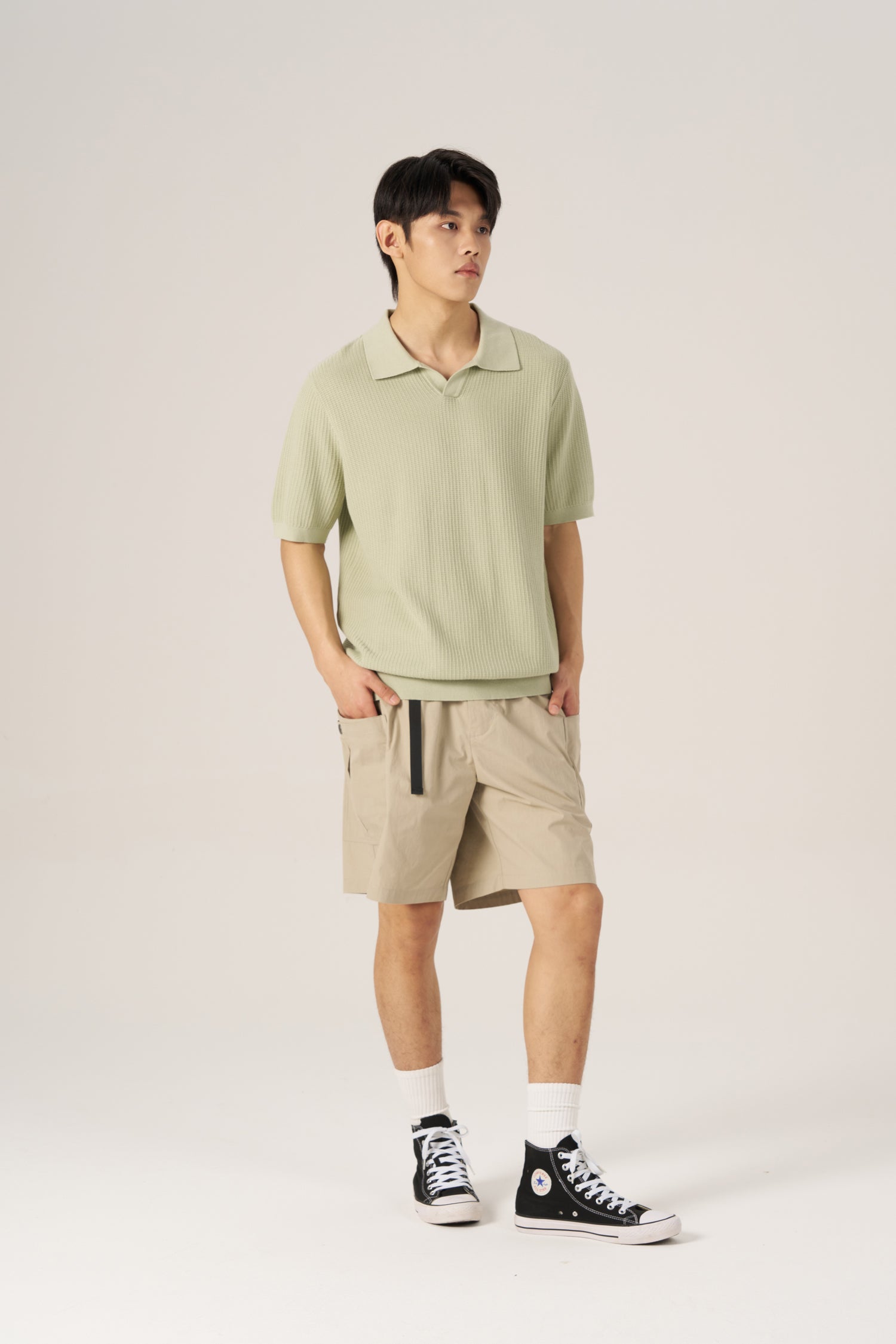 Knitted Waffle Open Collar Tee - Mint