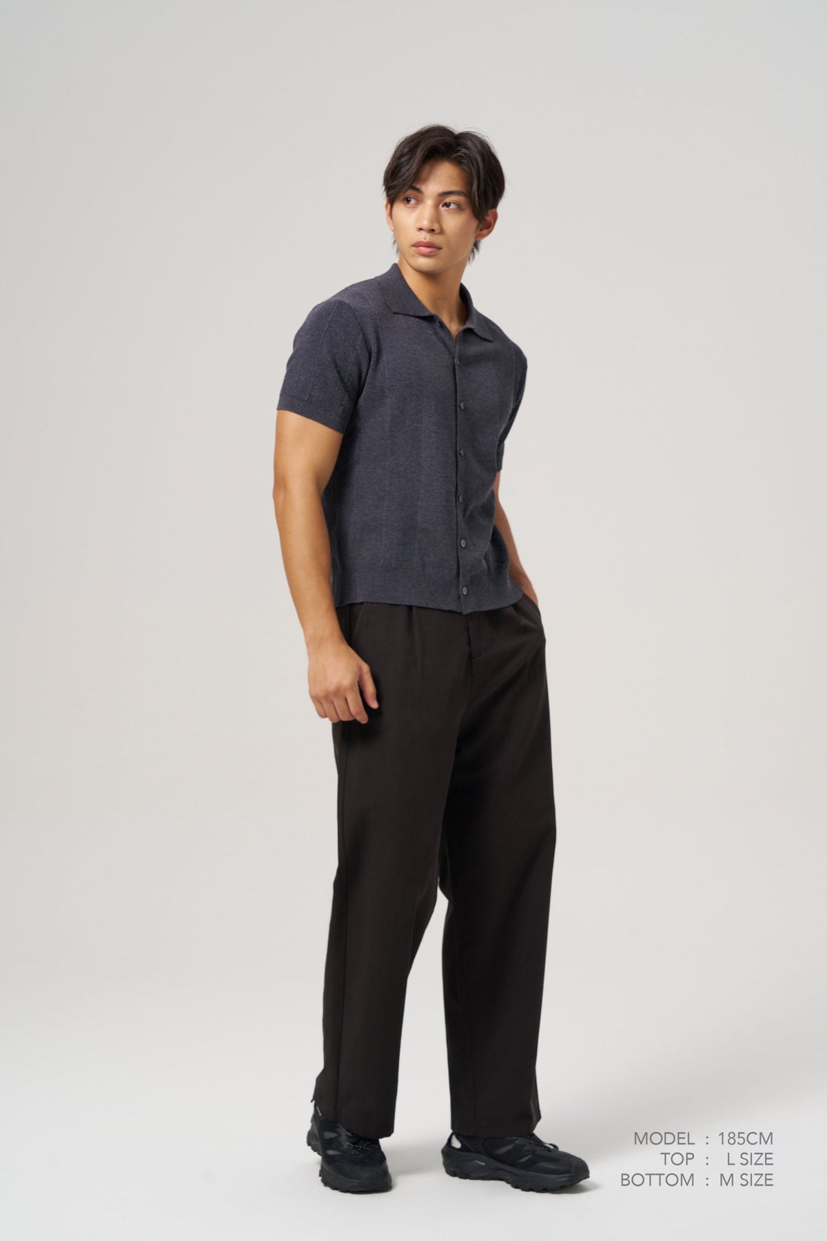 Knitted Button Front Top - Navy