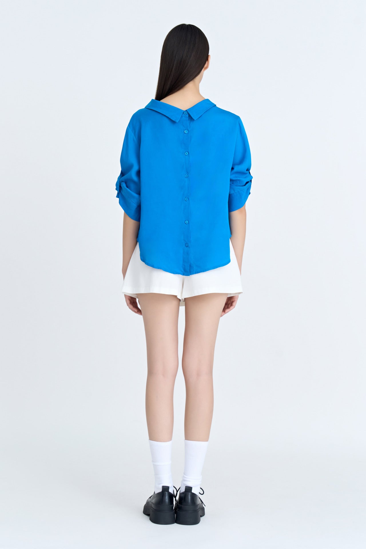 Rayon Turn Down Collar Blouse - Deep Sky Blue
