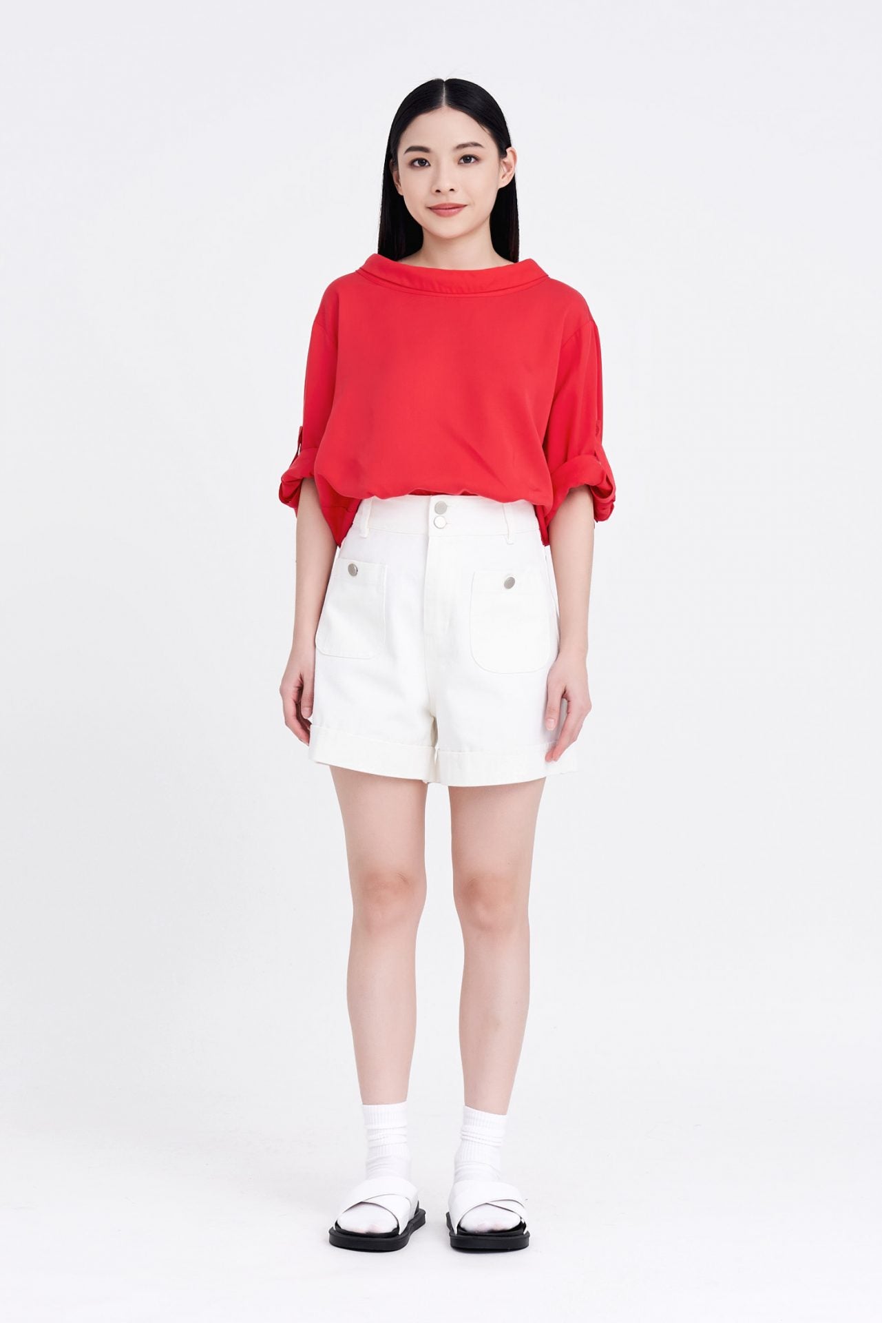 Rayon Turn Down Collar Blouse - Red