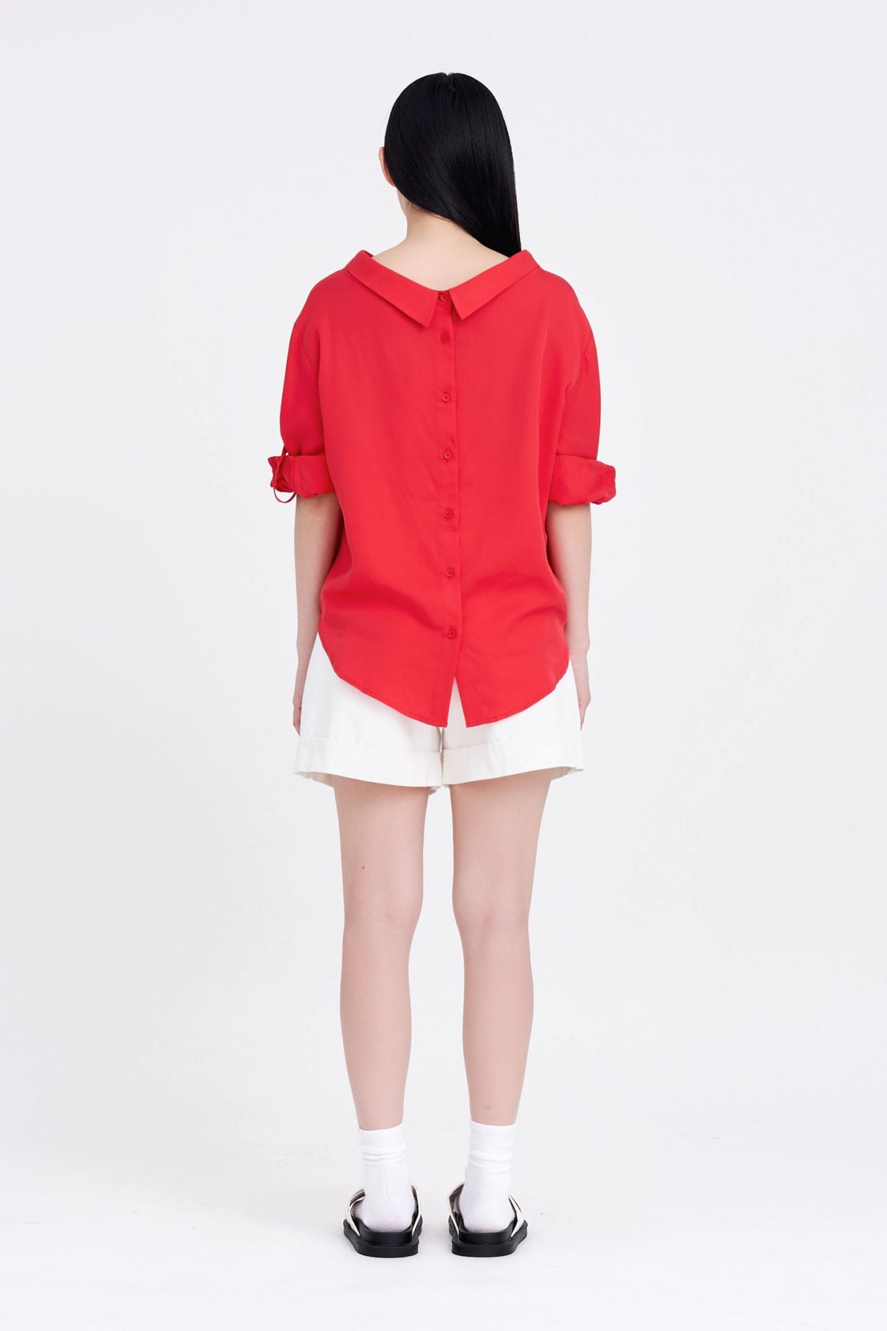Rayon Turn Down Collar Blouse - Red