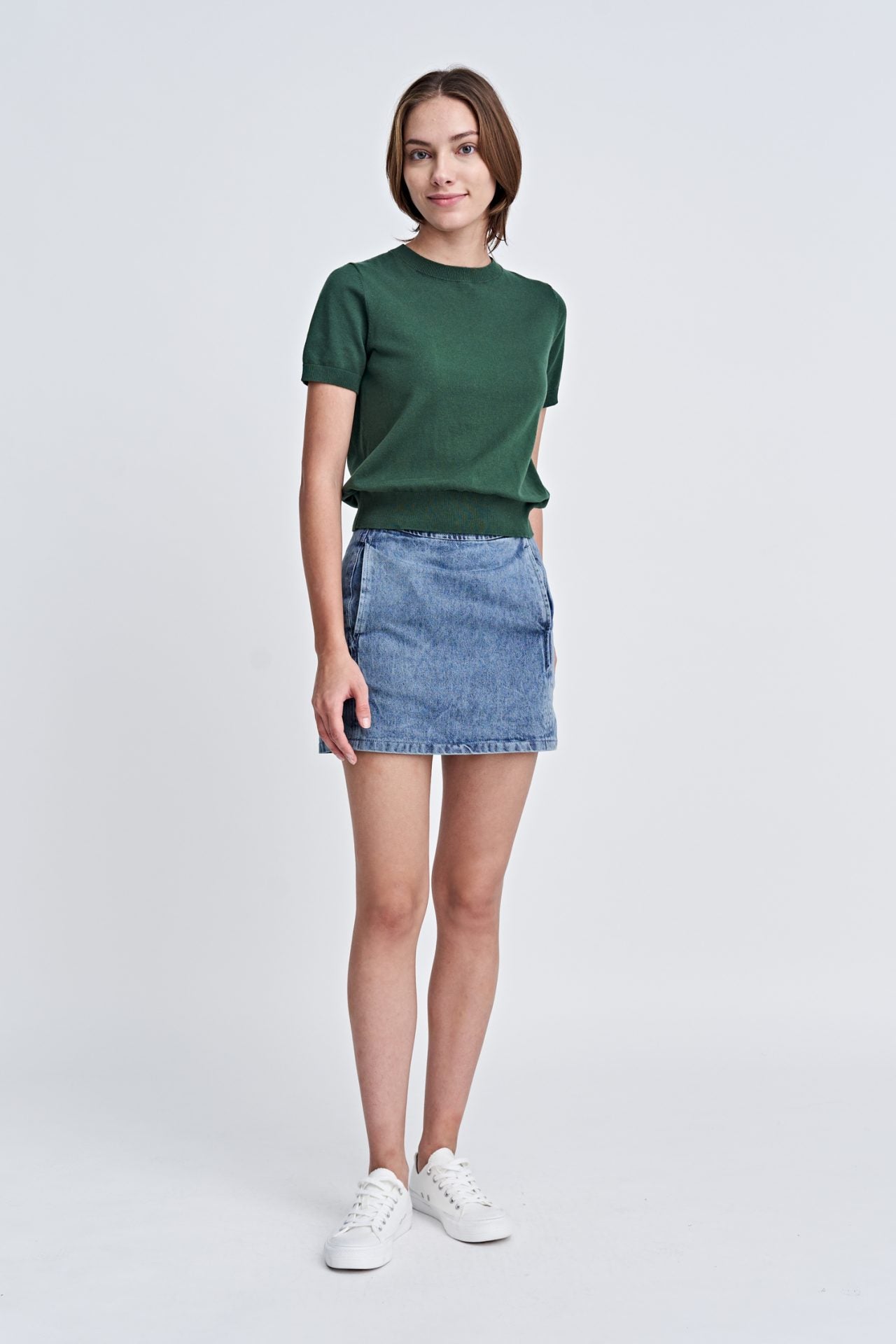 Back Collar Button Knit Top - Forest