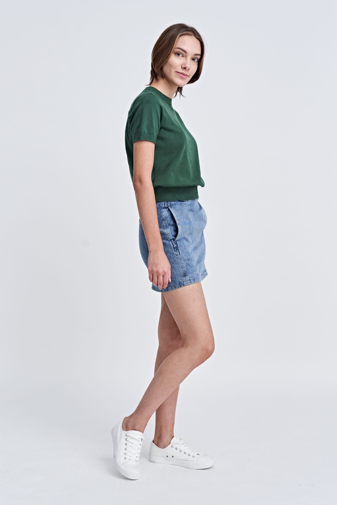 Back Collar Button Knit Top - Forest