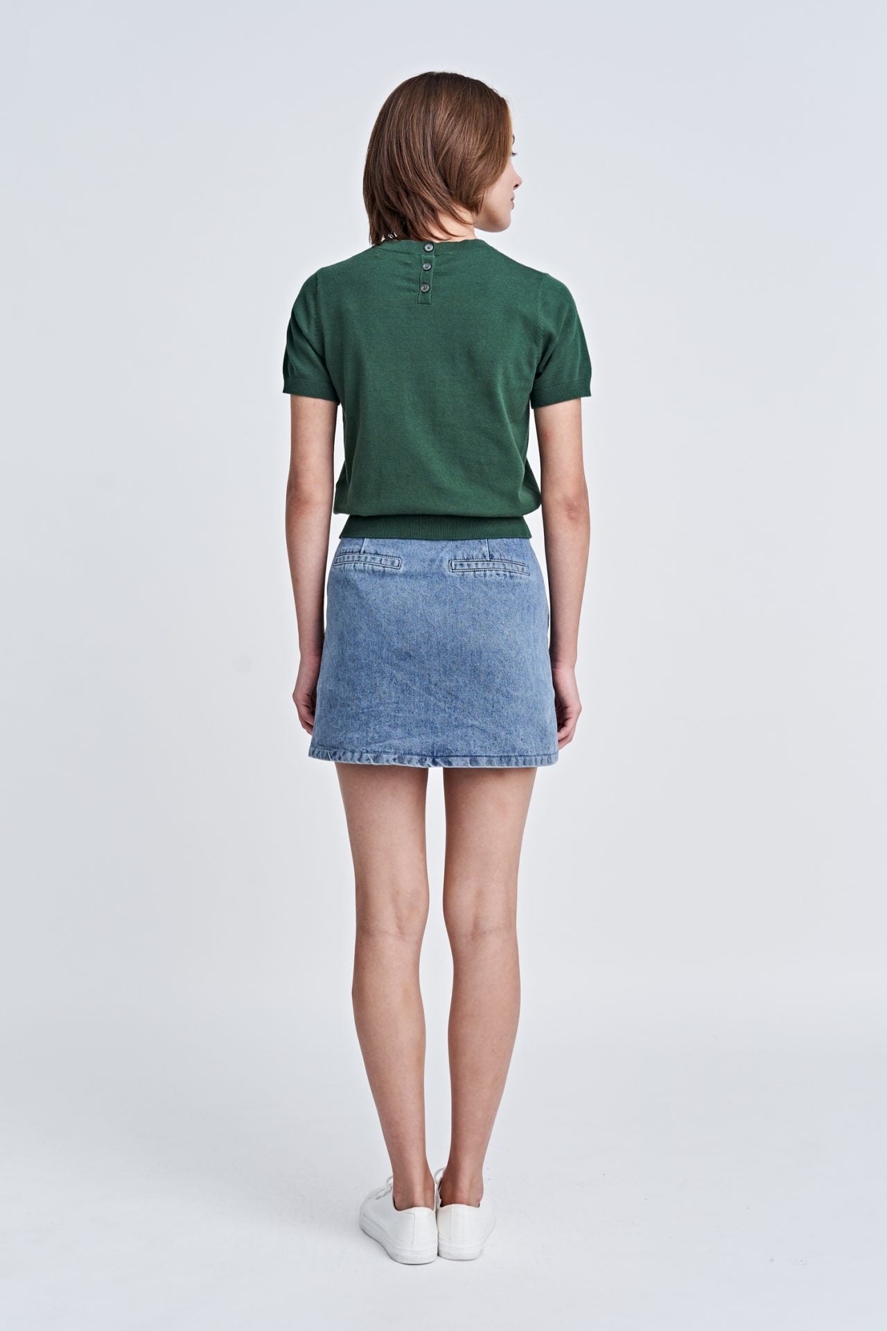 Back Collar Button Knit Top - Forest