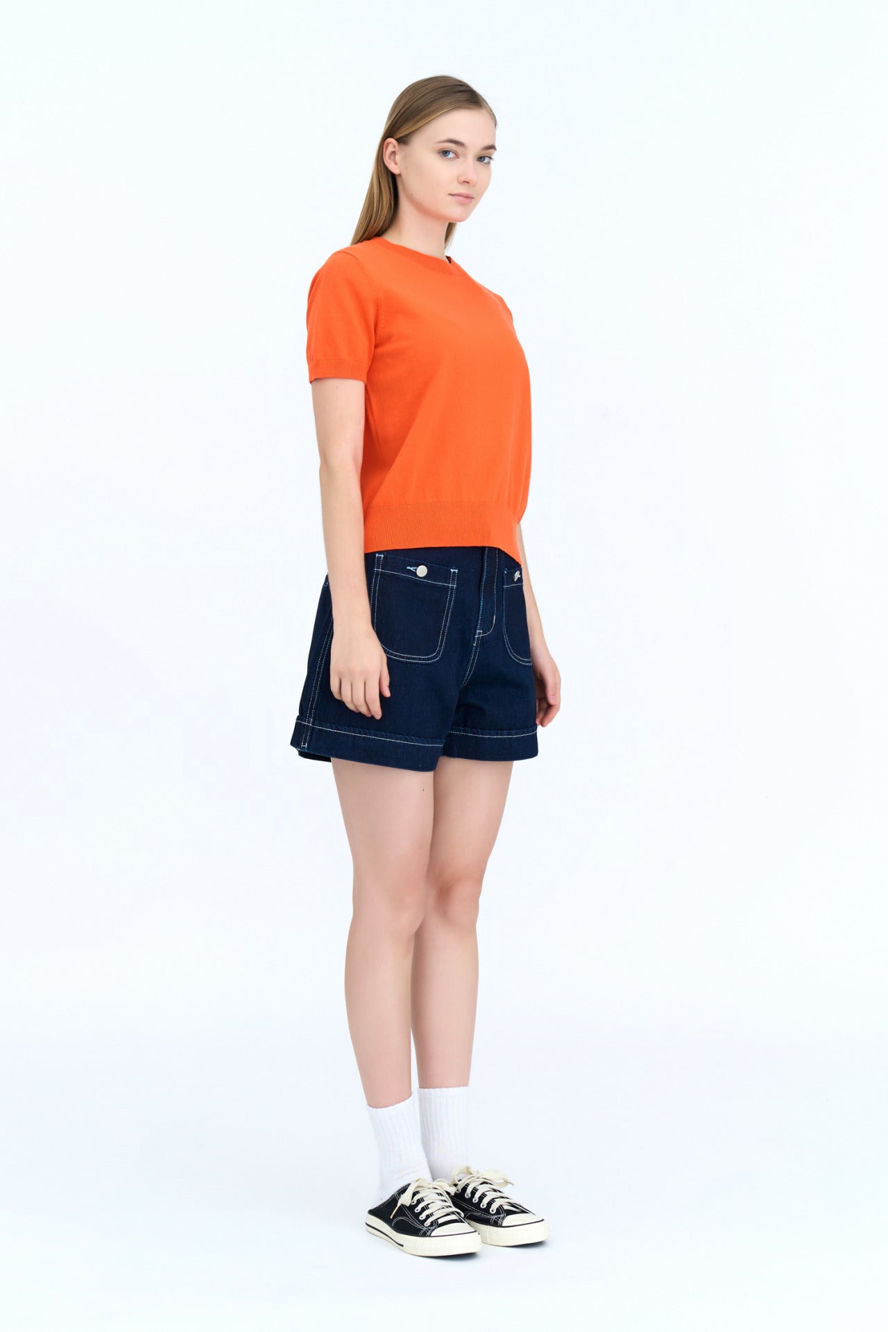 Back Collar Button Knit Top - Vermillion