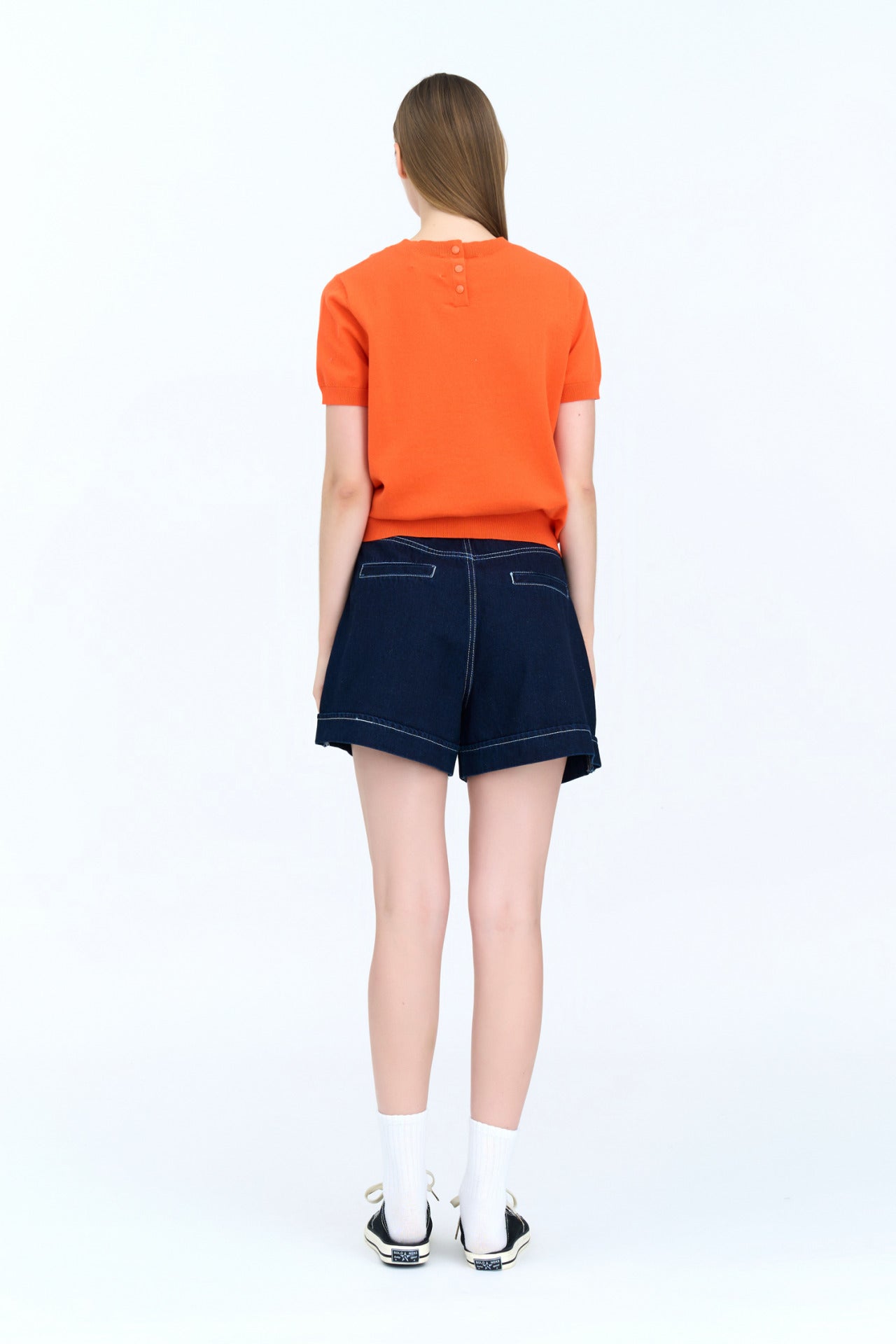 Back Collar Button Knit Top - Vermillion
