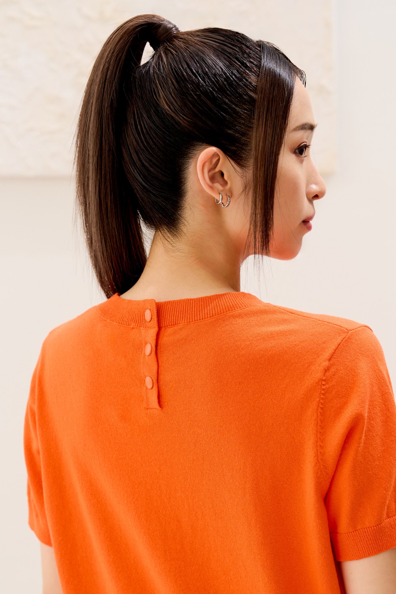 Back Collar Button Knit Top - Vermillion