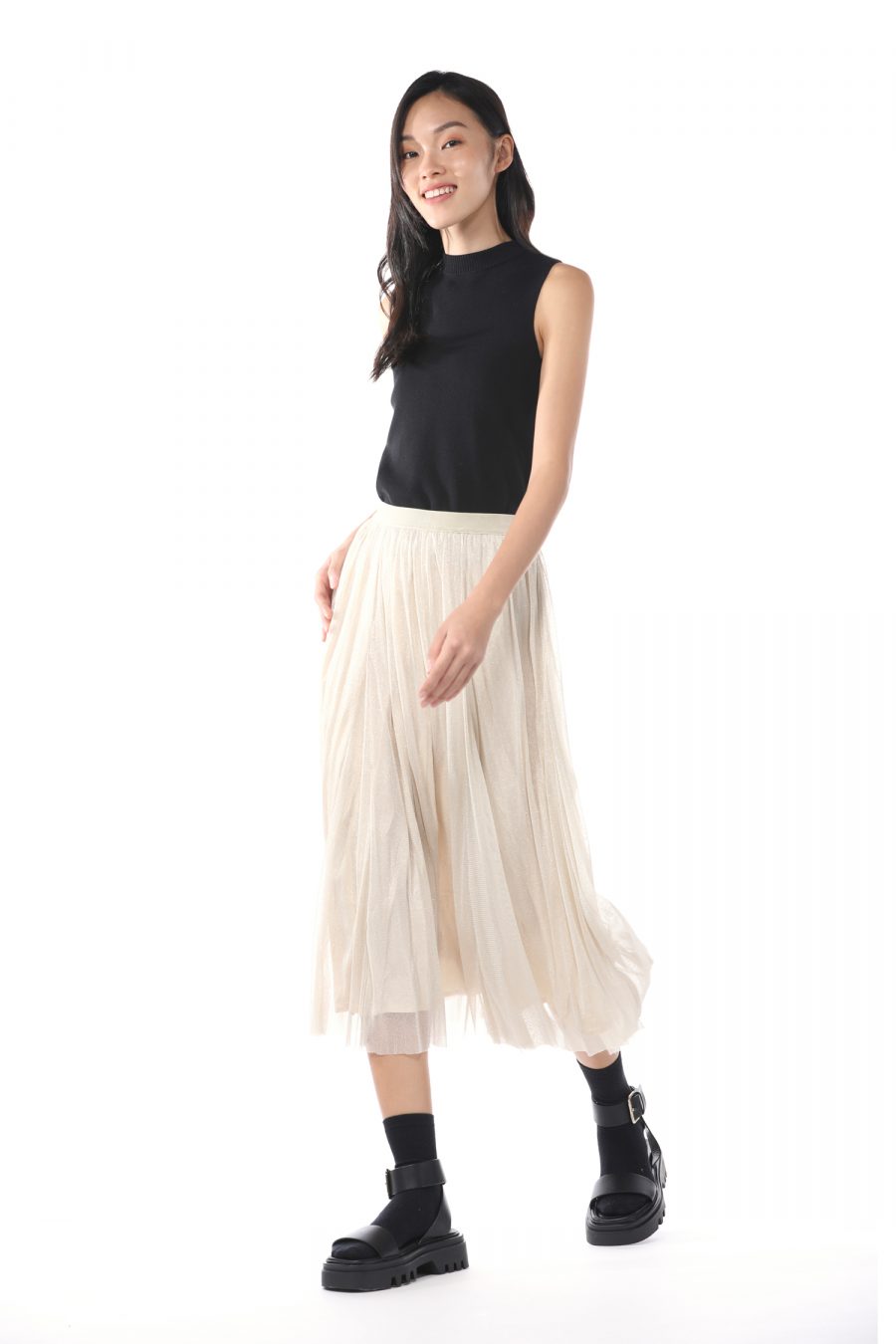 Knitted Ribbed Collar Sleeveless Top - Black