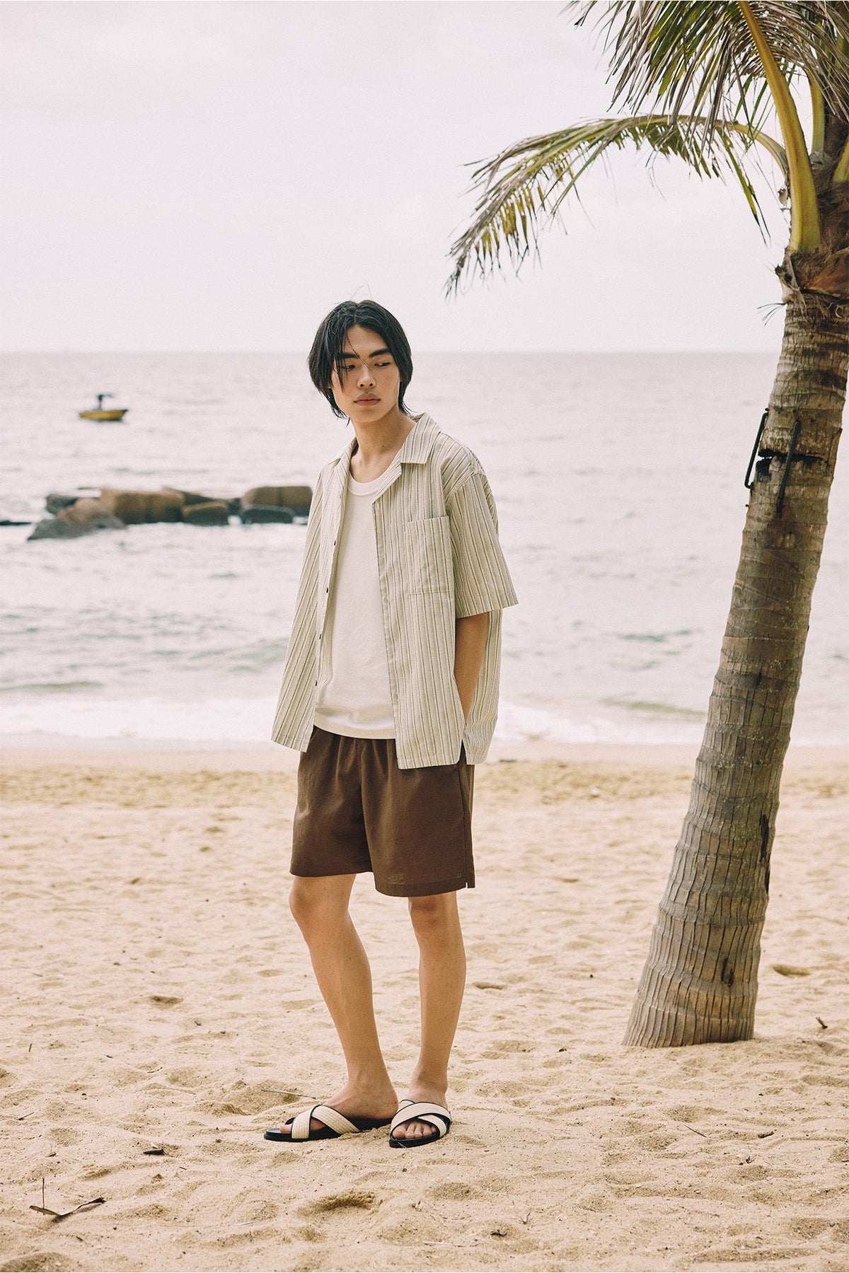 Ecru stripes with a double-waistband short.